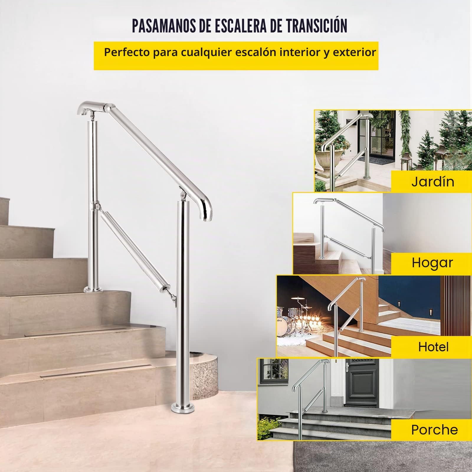 Happybuy Pasamanos Escalera de Acero Inoxidable 304 Barandilla Escalera de 4 a 5 Pasamanos para Escaleras de Color Plata Pasamanos de Pared Ángulo Ajustable 0-60° Montaje en Pared Capacidad de 100 kg