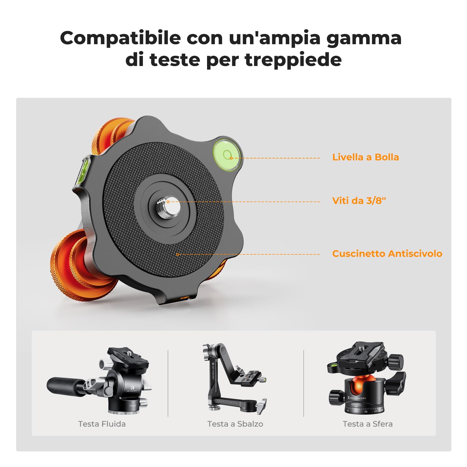 K&F Concept Base di Livellamento per Treppiede Fotocamera, Base in Alluminio con Vite da 3/8" e Adattatore a Vite da 1/4" a 3/8", Regolazione Precisa dell'angolo di ±5° per Fotografia Panoramica Micro