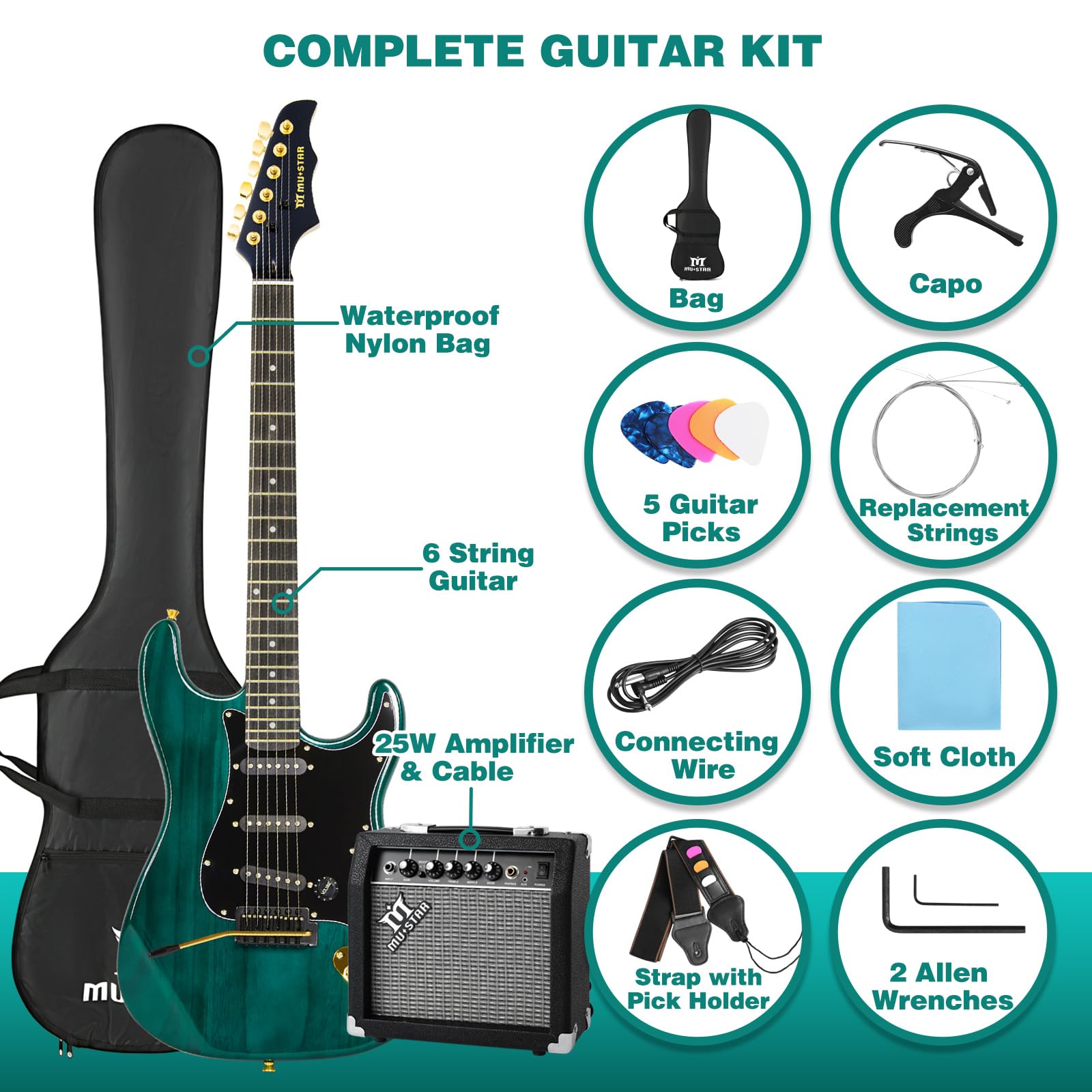 MUSTAR Kit per chitarra elettrica con amplificatore da 25 W, kit per principianti in legno massello da 99 pollici, custodia, accordatore digitale, capotasto, cinghia, cavo, plettri, regali di