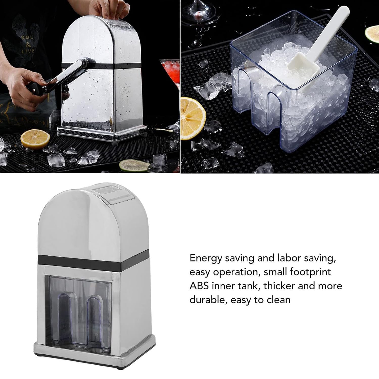 Trituradora de hielo manual, máquina de cono de nieve con manivela para el hogar, bar y cocina con cubierta transparente y herramienta de cuchara para un uso fácil
