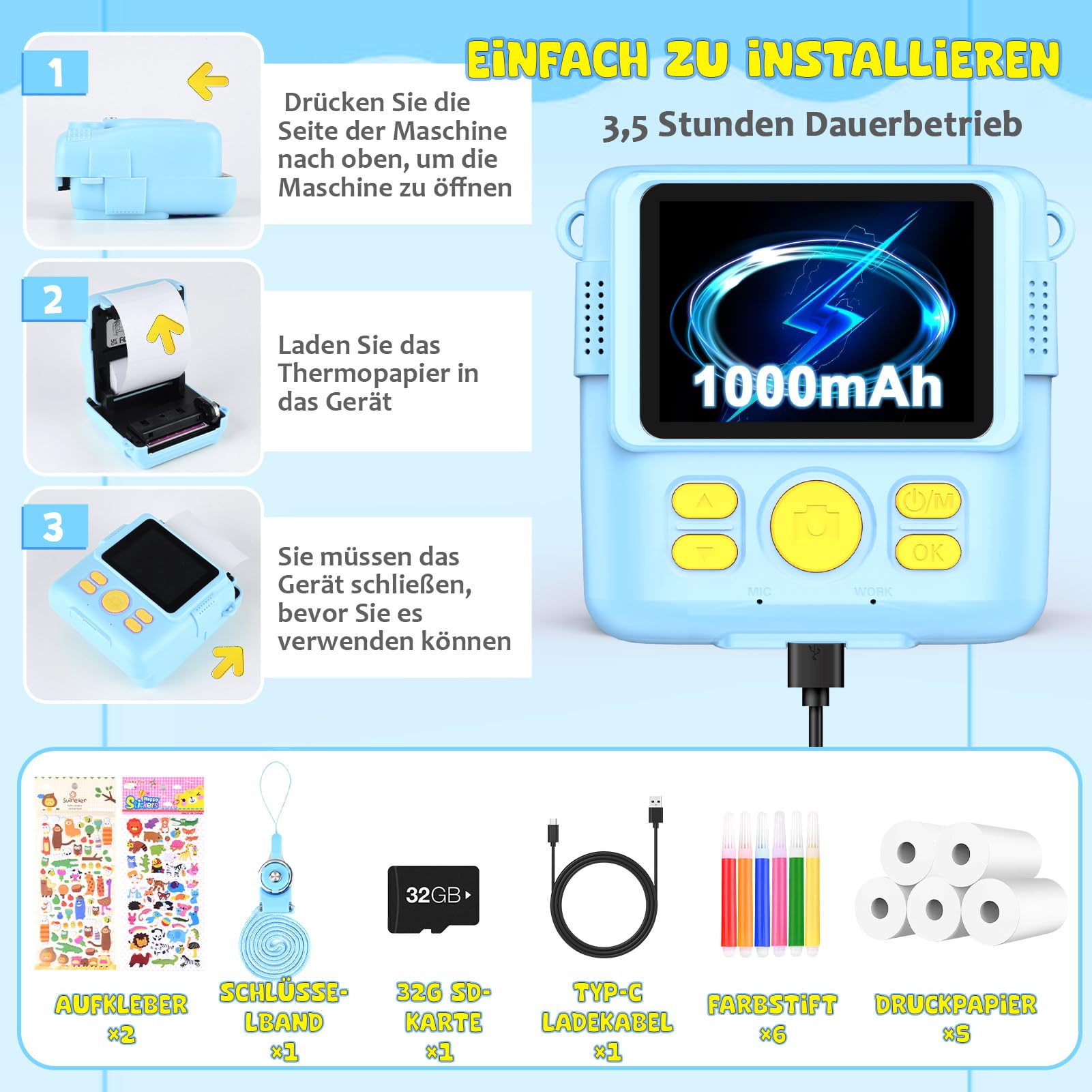 Fotocamera digitale per bambini, con stampa istantanea, 1080P, in bianco e nero, per foto (blu)..