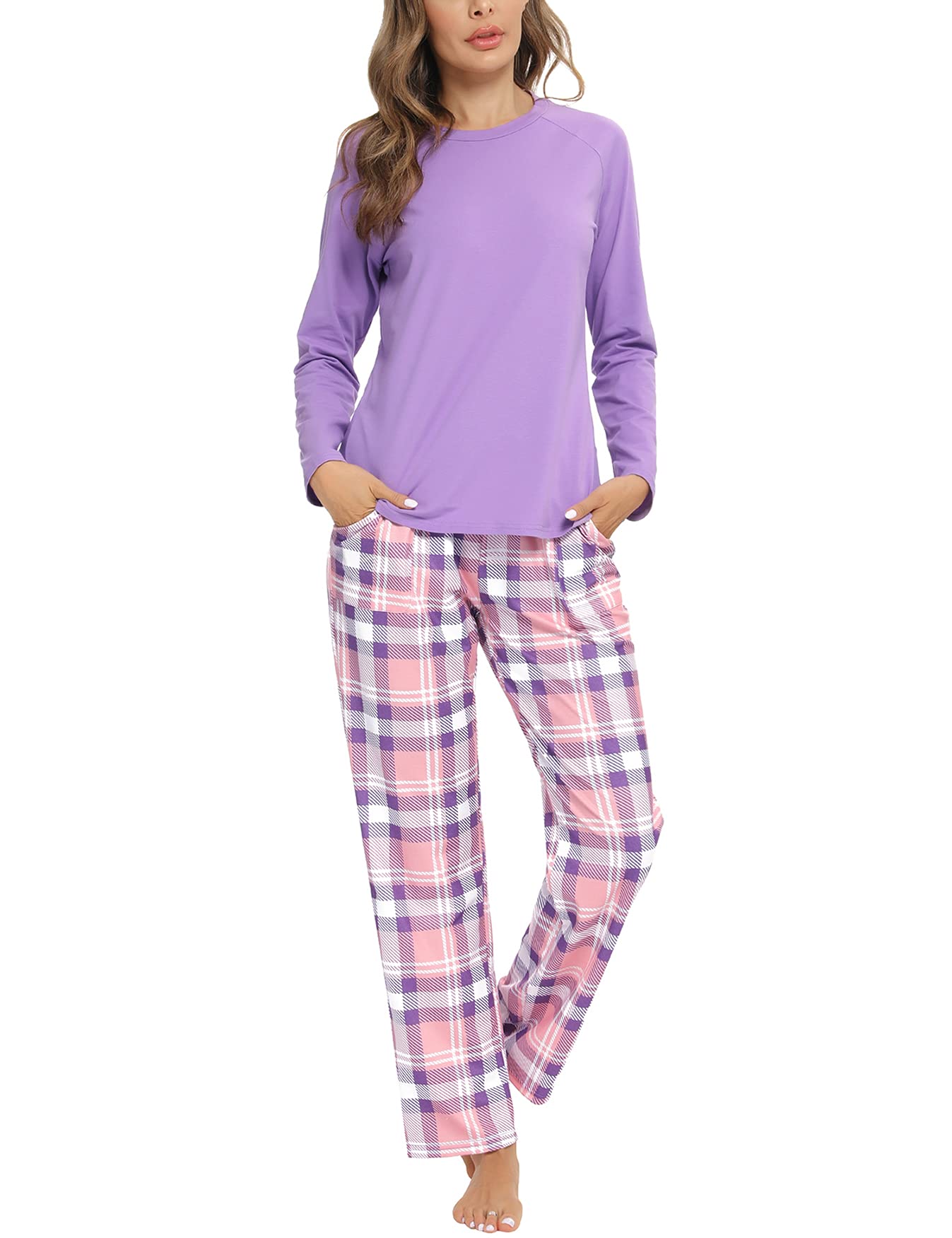 Uniexcosm Pigiama Donna, Pigiama a Quadri Donna Lungo Pigiama da Donna Cotone Leggero con Girocollo Pigiama 2 Pezzi Donna con Tasca Sciolto Accogliente per Casa e Casuale