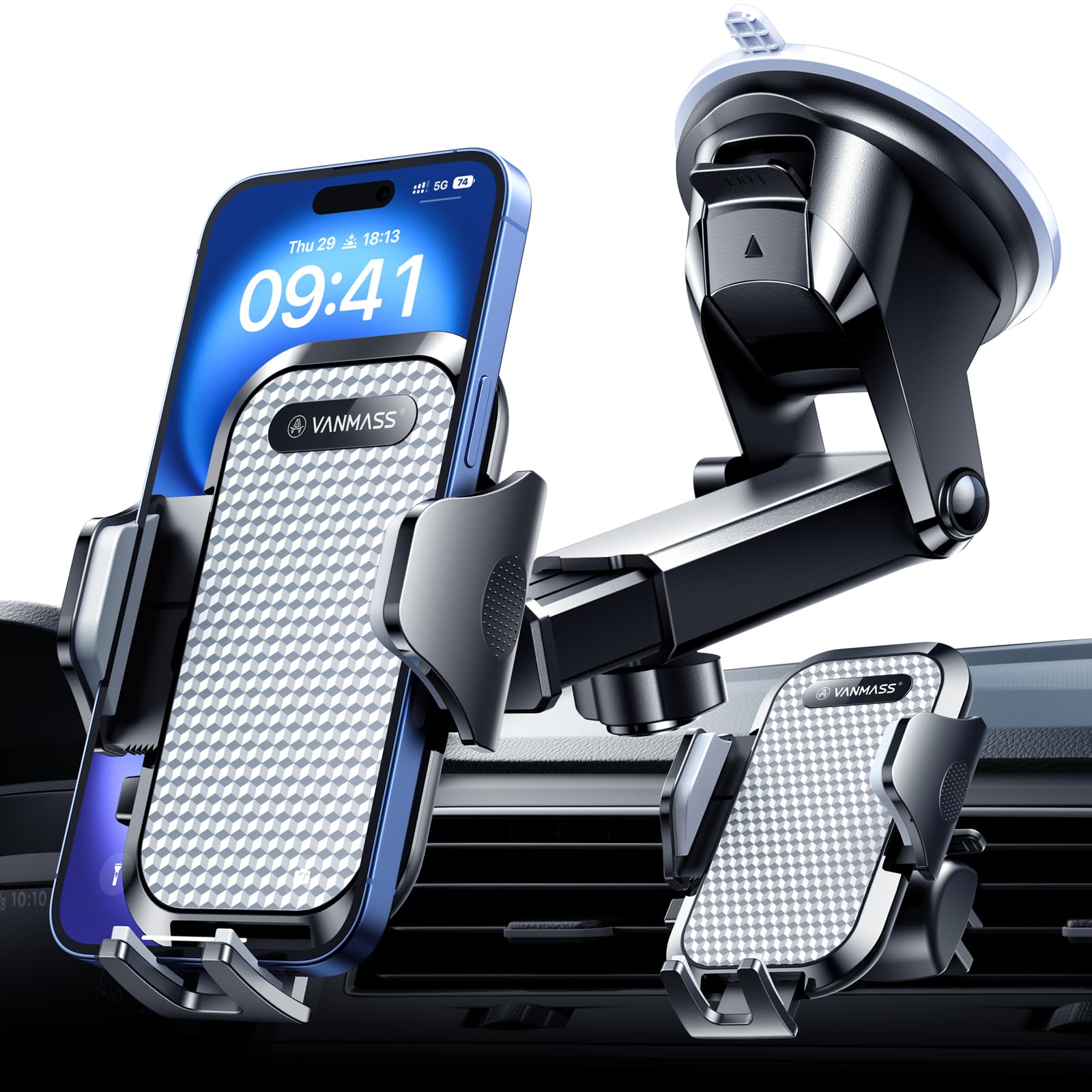 VANMASS 【Versione PRO Supporto per Telefono Auto 【Grado Militare】 2025 Aggiornato Ventosa Clip Mobile Automobile Cradles Van Accessori Parabrezza Cruscotto per iPhone 16 15 14 Pro Max Samsung Android