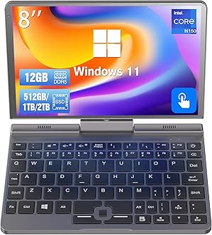 Mini Laptop 8 inch N150 Touchscreen Notebook Tablet 2 in 1 Handheld Computer Portable Small Pocket PC Win-11 Pro, 12GB RAM 2TB SSD, Gigabit/Wi-Fi 6/BT5.2/2MP Camera/G-Sensor/HDMI/PD 30W Charging