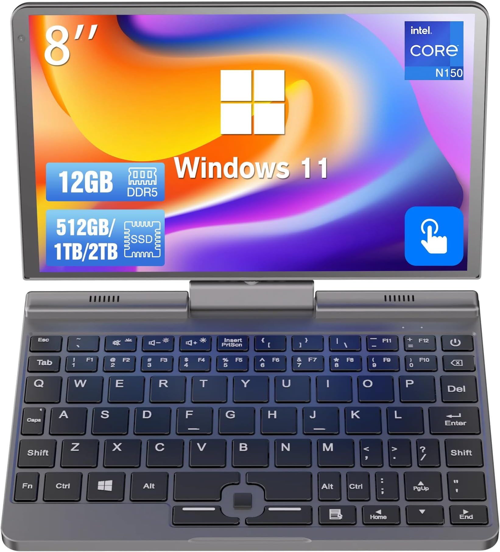 Mini Laptop 8 inch N150 Touchscreen Notebook Tablet 2 in 1 Handheld Computer Portable Small Pocket PC Win-11 Pro, 12GB RAM 2TB SSD, Gigabit/Wi-Fi 6/BT5.2/2MP Camera/G-Sensor/HDMI/PD 30W Charging