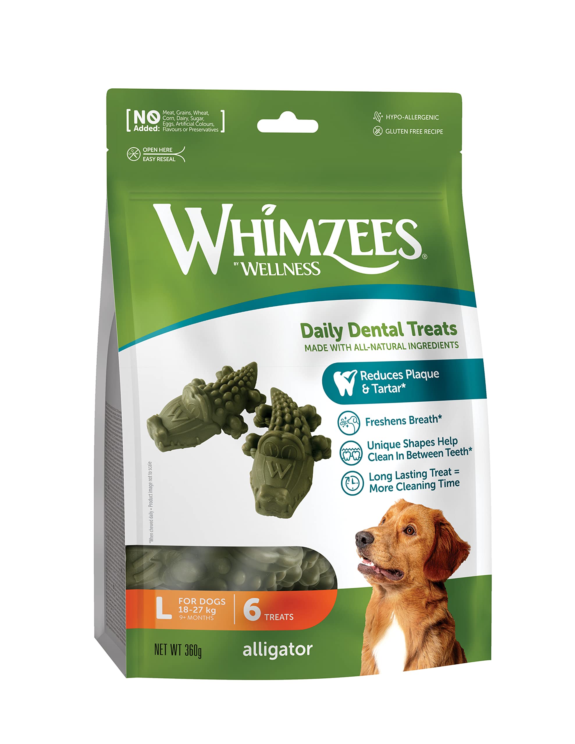 WHIMZEES Alligator L, 6 Pieces – Dog Dental Stix, Size L, Dog Dental Sticks for Large Breeds, Natural and Grain Free, Rawhide-Free, Vegetarian, No Added Sugar