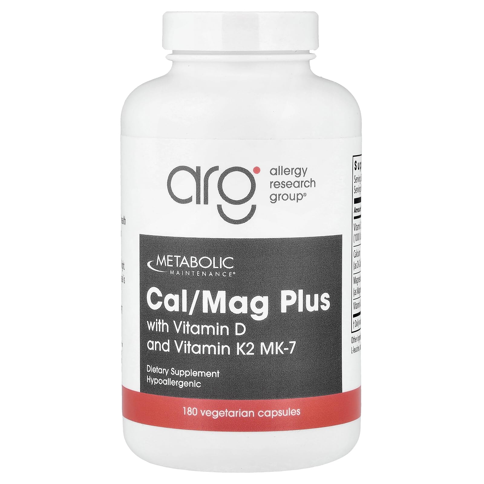 Metabolic Maintenance Cal/Mag Plus Vitamin D3 and K2, 180 Capsules