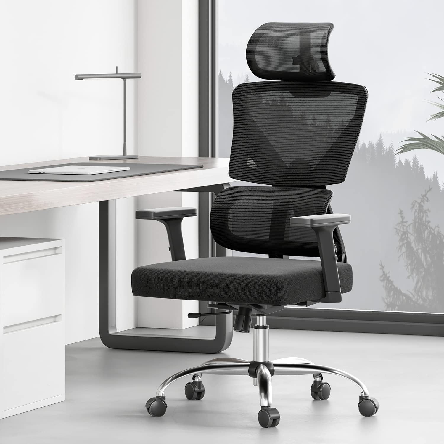 HbadaE2 Office Chair Ergonomic Office Chair High Double Back Lumbar Support Mesh Desk Chair with Footrest,Black
