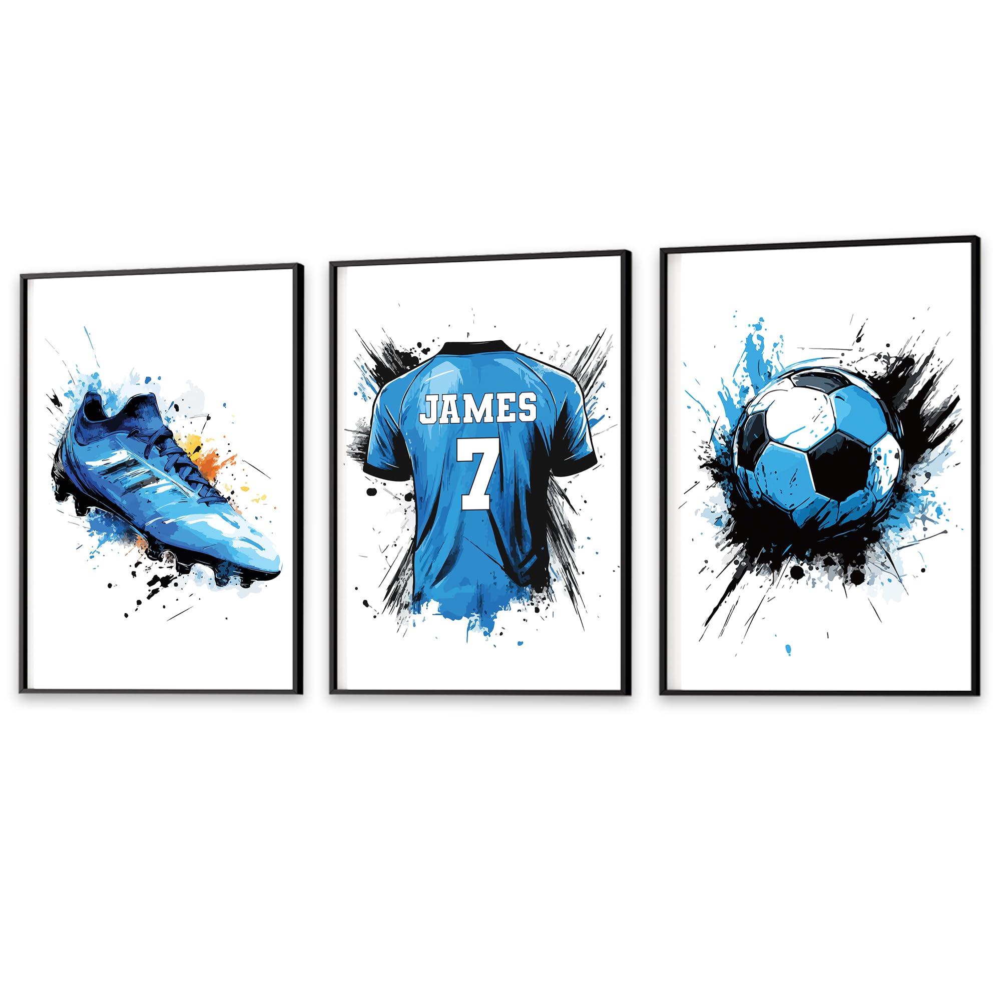 Personalised Football Wall Art Prints, ALL KIT COLOURS, Boys Football Gift for Boys Football, Boys Bedroom Decor, Football Poster, Birthday Gift (Blue, 3 A3 Prints Only)