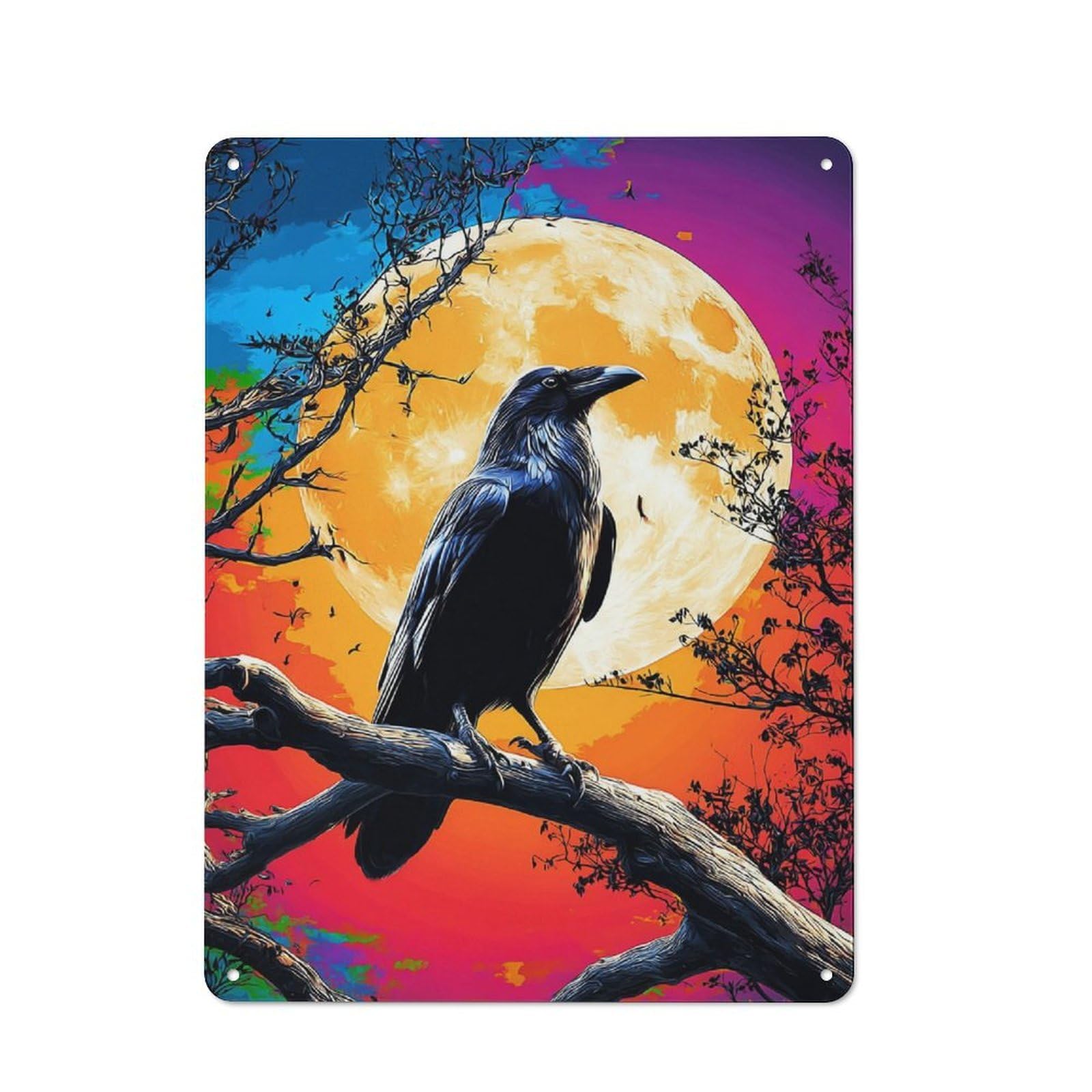 Junmoney Moonlit Raven Silhouette Tin Sign 40X30cm With For Bar Or Restaurant, Retro Decor, For Garage, Workshop And Man Cave Decoration