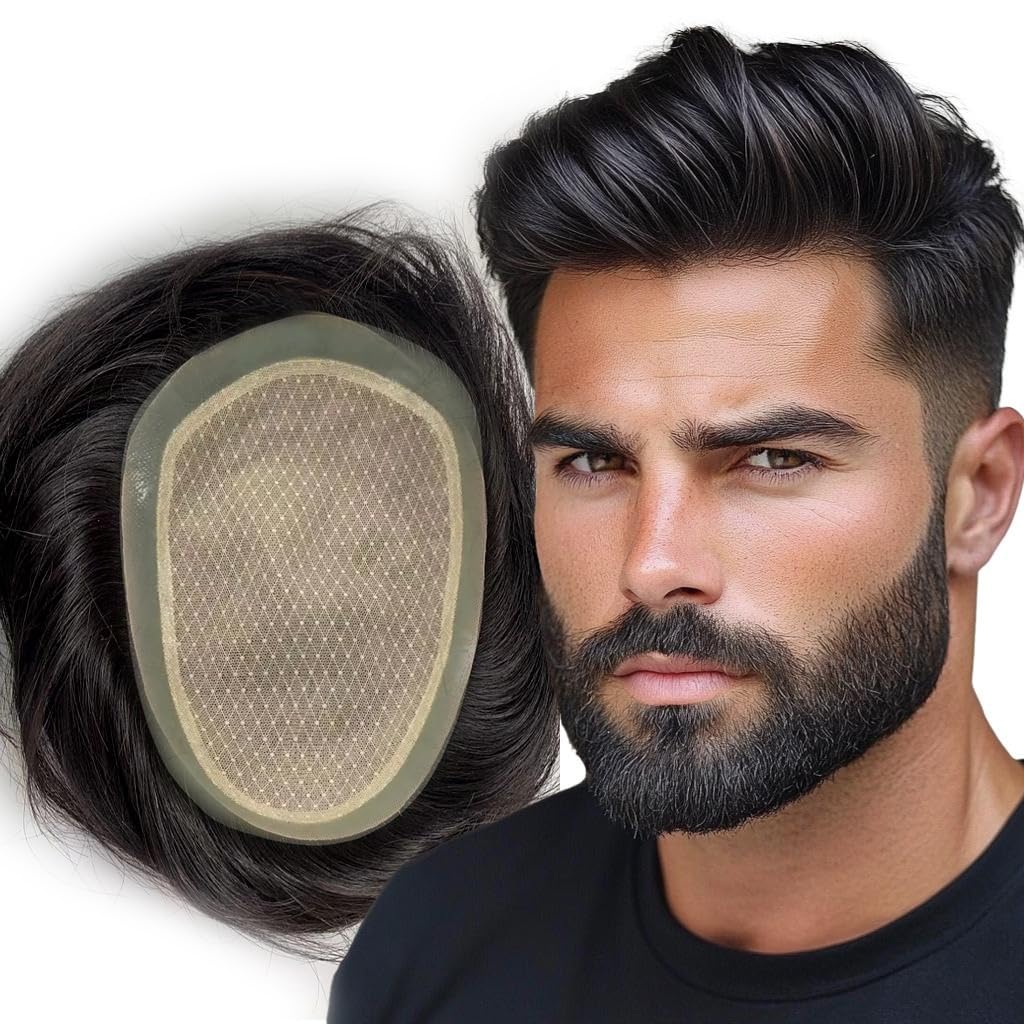 Mirage Double Layer Ultra Thin Natural Skin Base Hair Toupee for Men 100% Remy Human Hair Extra Protection Base Lightweight Easy-Fit Hair Replacement System Use with Tape Glue or Clips ( Natural Black) (9/6 inch)