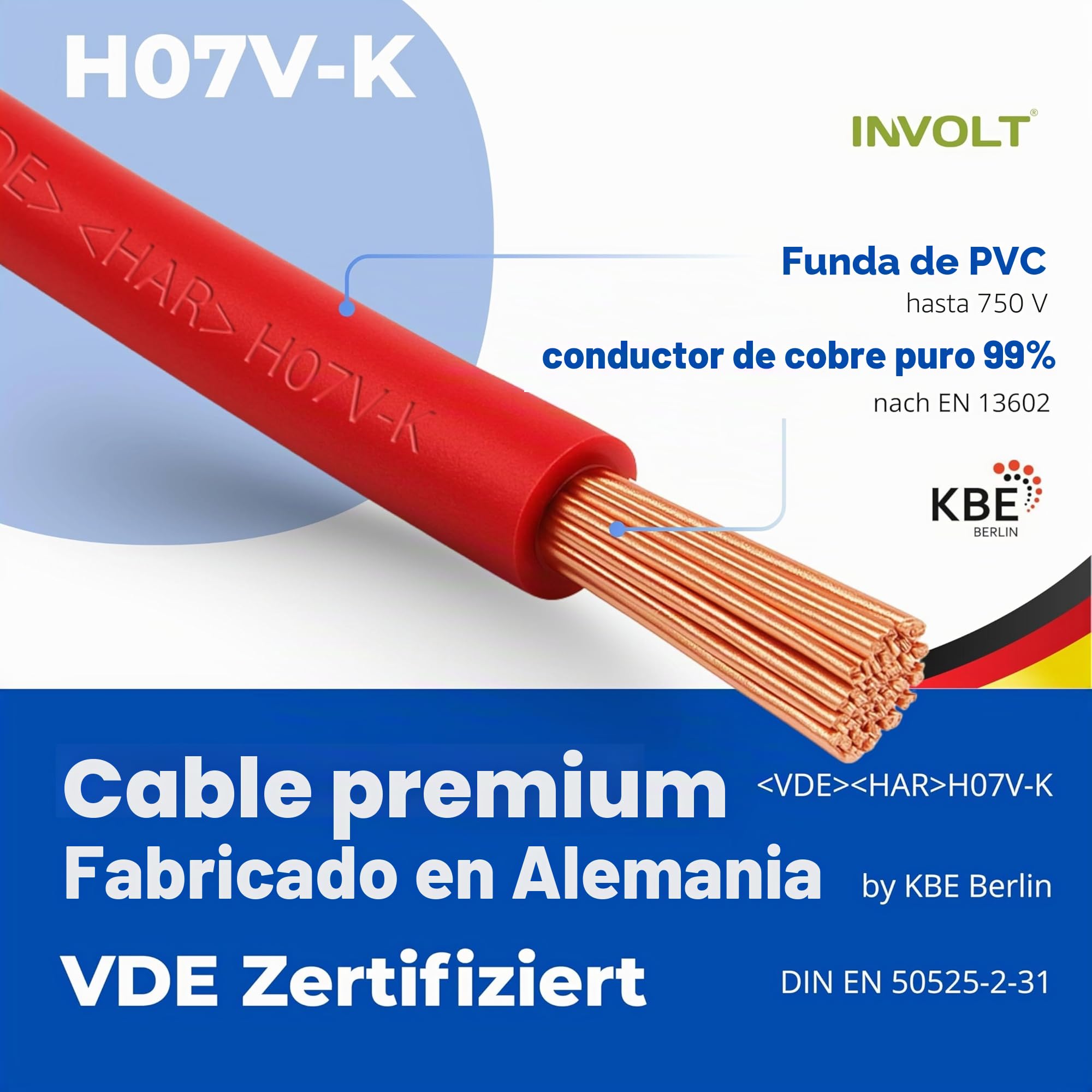 INVOLT Juego de Cables H07V-K con 100 Punteras Estanadas, Cable de Cobre 10 mm², 3 x 15 m Cables Individuales, Negro, Azul, Verde-Amarillo, Conforme VDE, Fabricado en Alemania