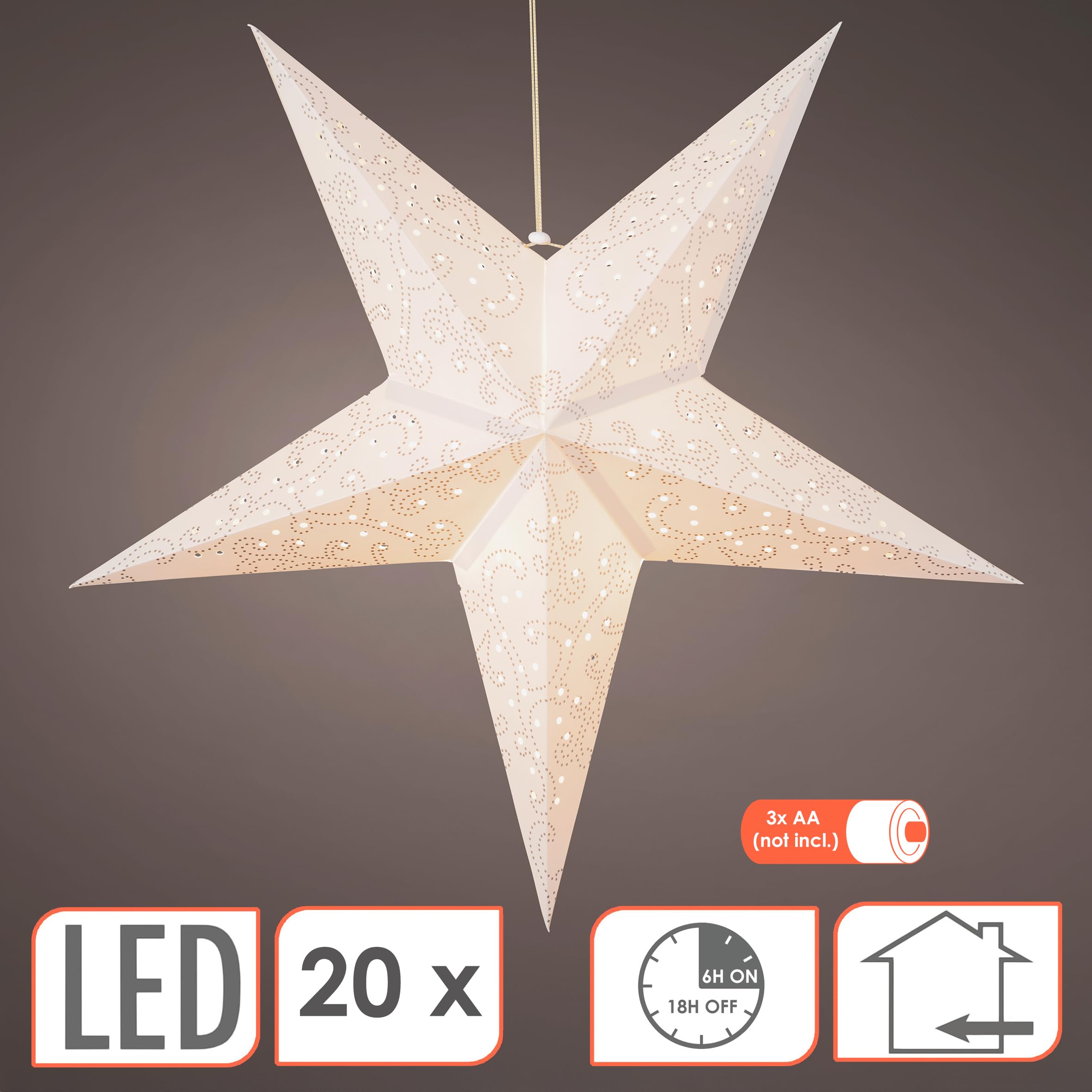 LED Papierstern in wei mit Timer Batterie betrieben -  60 cm - Weihnachts  Deko Beleuchtung zum Hngen - Weihnachtsstern Dekoleuchte Weihnachtsleuchte  Stimmungslicht Stern fr Weihnachten Advent Wint : Amazon.de: Kche,  Haushalt & Wohnen