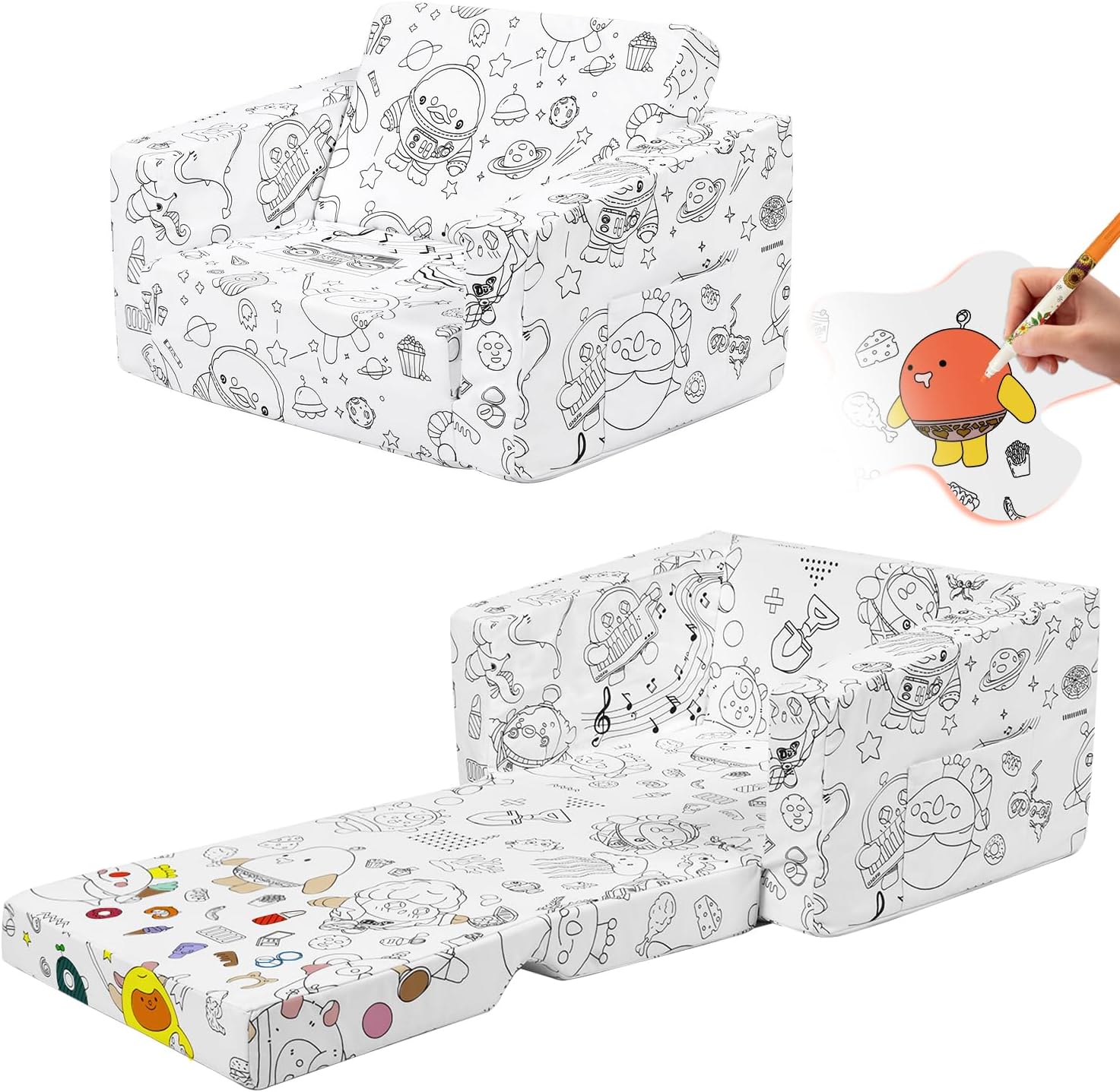 2-in-1 Convertible Sofa to Toddler Lounger - Convertible Floor Sofa Bed, Doodle Art Furniture with Removable Cover (Egg Buddy)