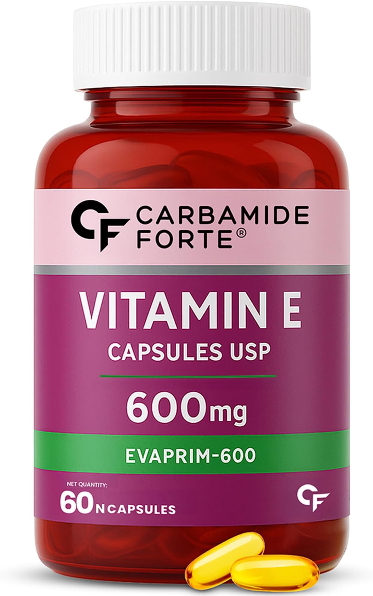 600 mg Vitamin E Capsules for Face and Hair | 100% Natural Supplement with Vitamin E Oil | Paraben Free - 60 Capsules