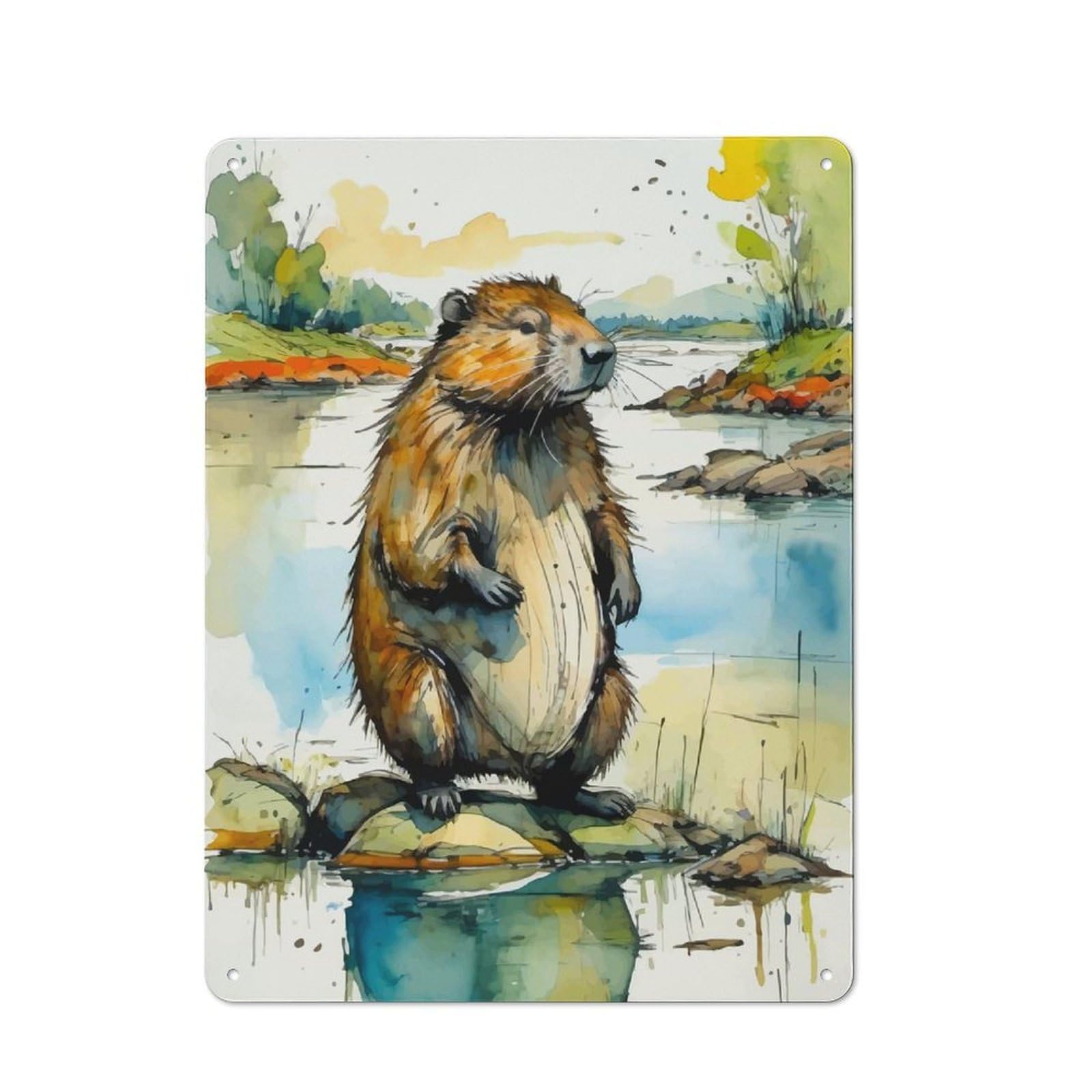 Junmoney Watercolor Beaver By The River Retro Tin Sign 40X30cm For Lounge Or Reading Corner, For Home Wall Decor Collectors