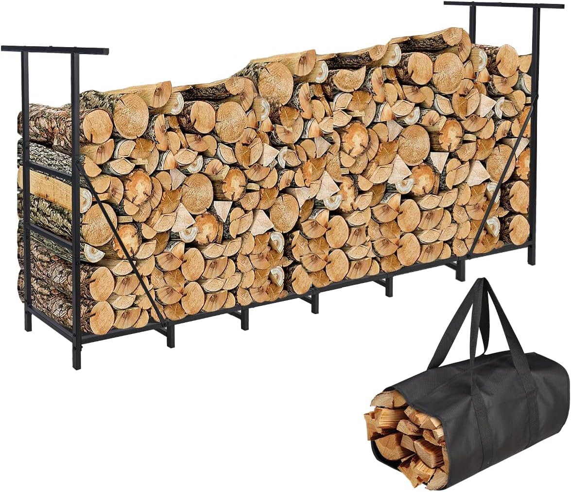 Vailge Firewood Rack Outdoor 8FT with Waterproof Firewood Carrier Bag, Adjustable Heavy Duty Steel Firewood Holder Storage, Log Rack for Fireplace, Fire Pit, Backyard, Camping 8 FT Rack-Black