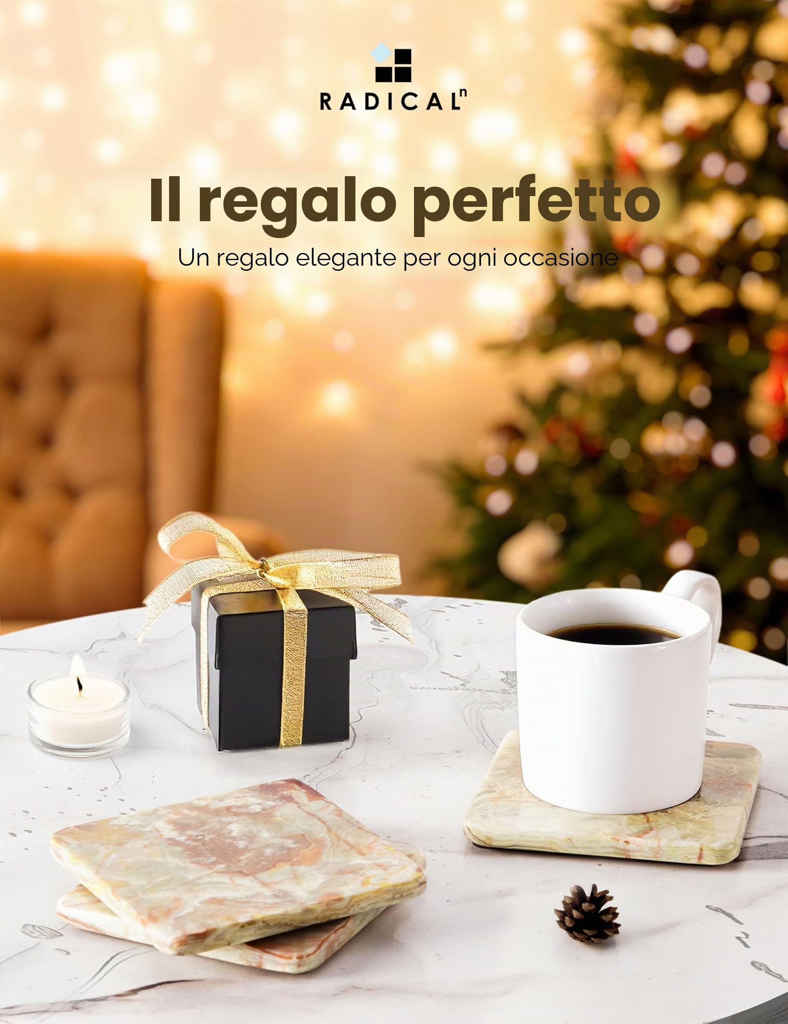 Radicaln Set di 6 sottobicchieri quadrati in marmo con supporto onice 3,5"
