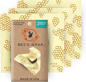 Bee's Wrap Reusable Beeswax Food Wraps Made in the USA, Eco Friendly Beeswax Wraps for Food, Sustainable Food Storage Containers, Organic Cotton Food Wraps, 3 Pack of Medium Wraps, Honeycomb Pattern