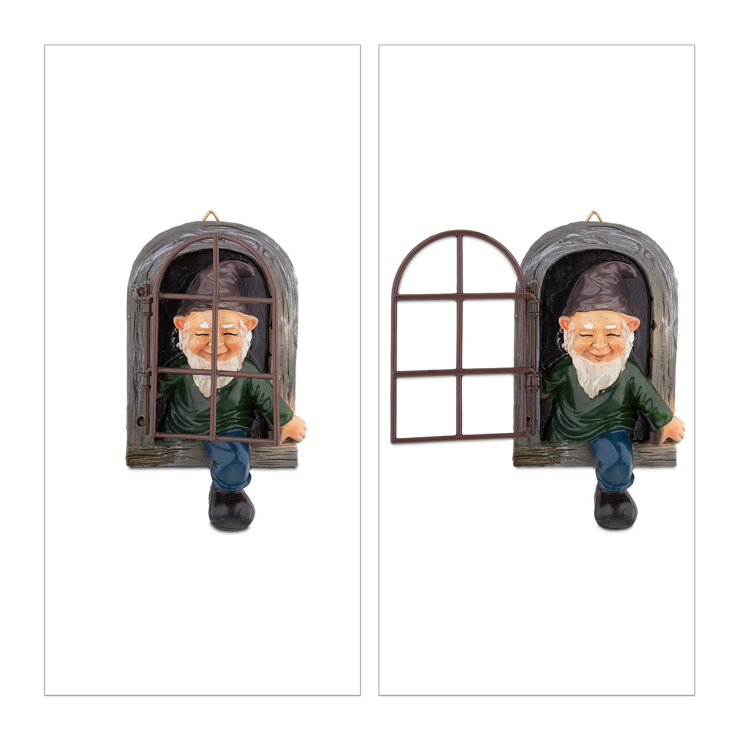 Relaxdays Krasnal z oknem, odporny na warunki atmosferyczne, dekoracja pnia drzewa, wys. x szer.: 15 x 8 cm, skrzat drzewa do zawieszenia, sztuczny kamień, kolorowy