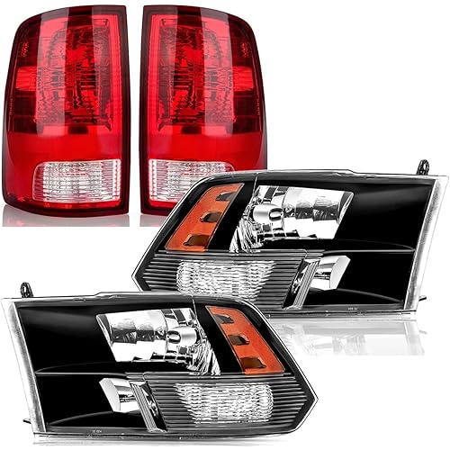 Headlights Tail Lights Assembly Combo Compatible with 2009 2010 2011 2012 2013 2014 2015 2016 2017 2018 Dodge Ram 1500 2500 3500 Lights Rear Brake Lamp, Factory Style