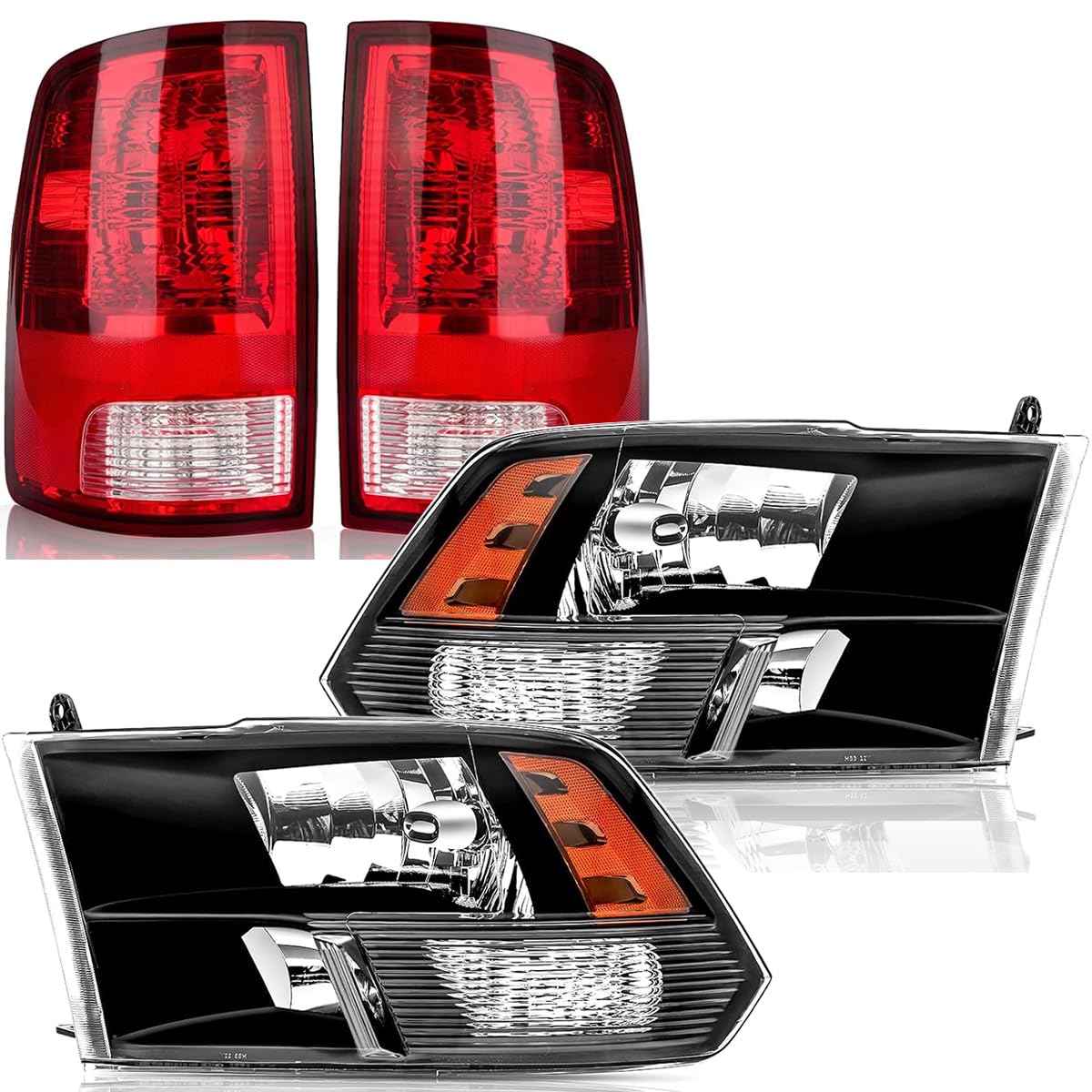Headlights Tail Lights Assembly Combo Compatible with 2009 2010 2011 2012 2013 2014 2015 2016 2017 2018 Dodge Ram 1500 2500 3500 Lights Rear Brake Lamp, Factory Style