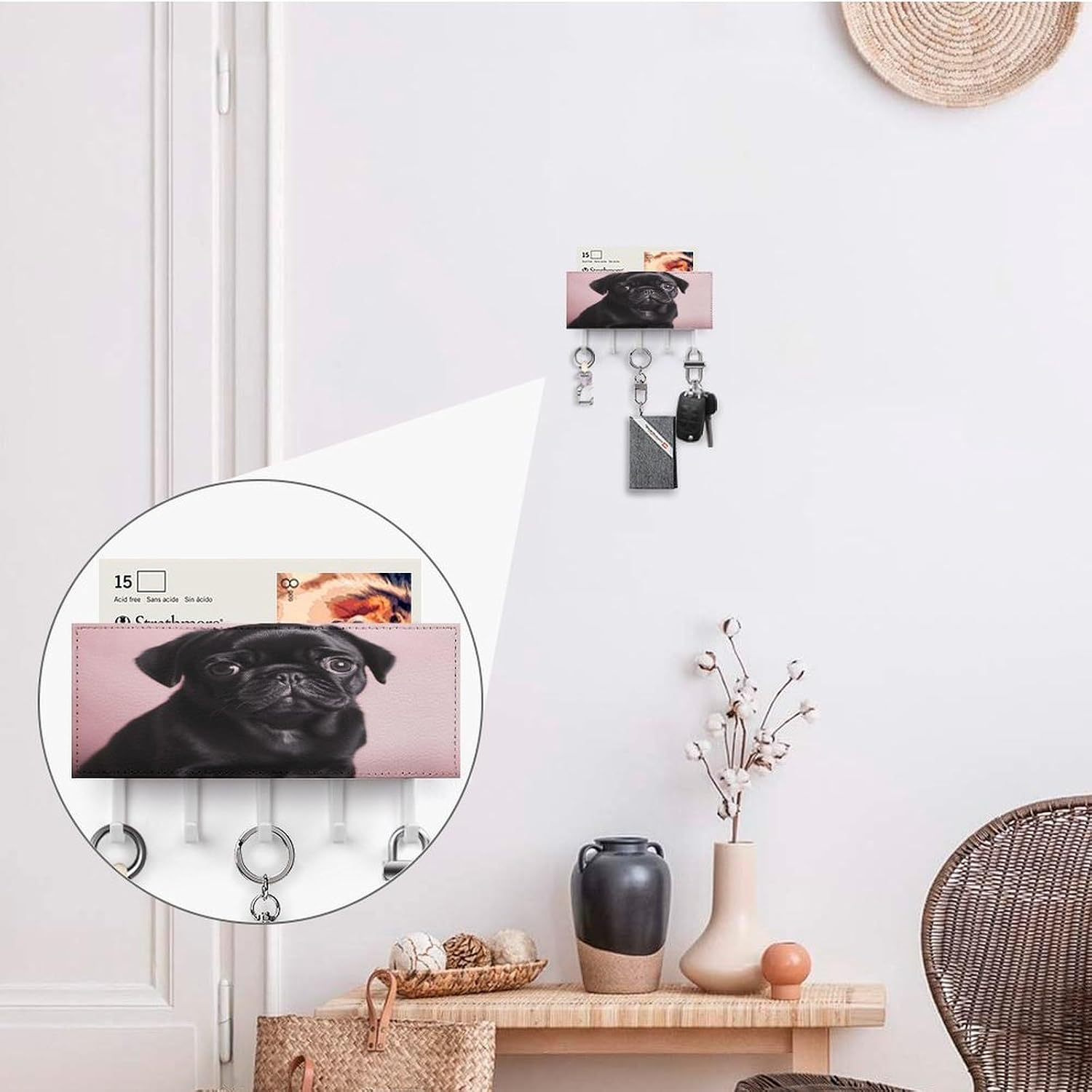 Key Holder Wall Mount Key Hanger with 5 Hooks, Decorative Key Rack | Cute Black Pug Hanging Key Hooks with Mail Organizer for Wall Living Room Kitchen Bathroom Hallway