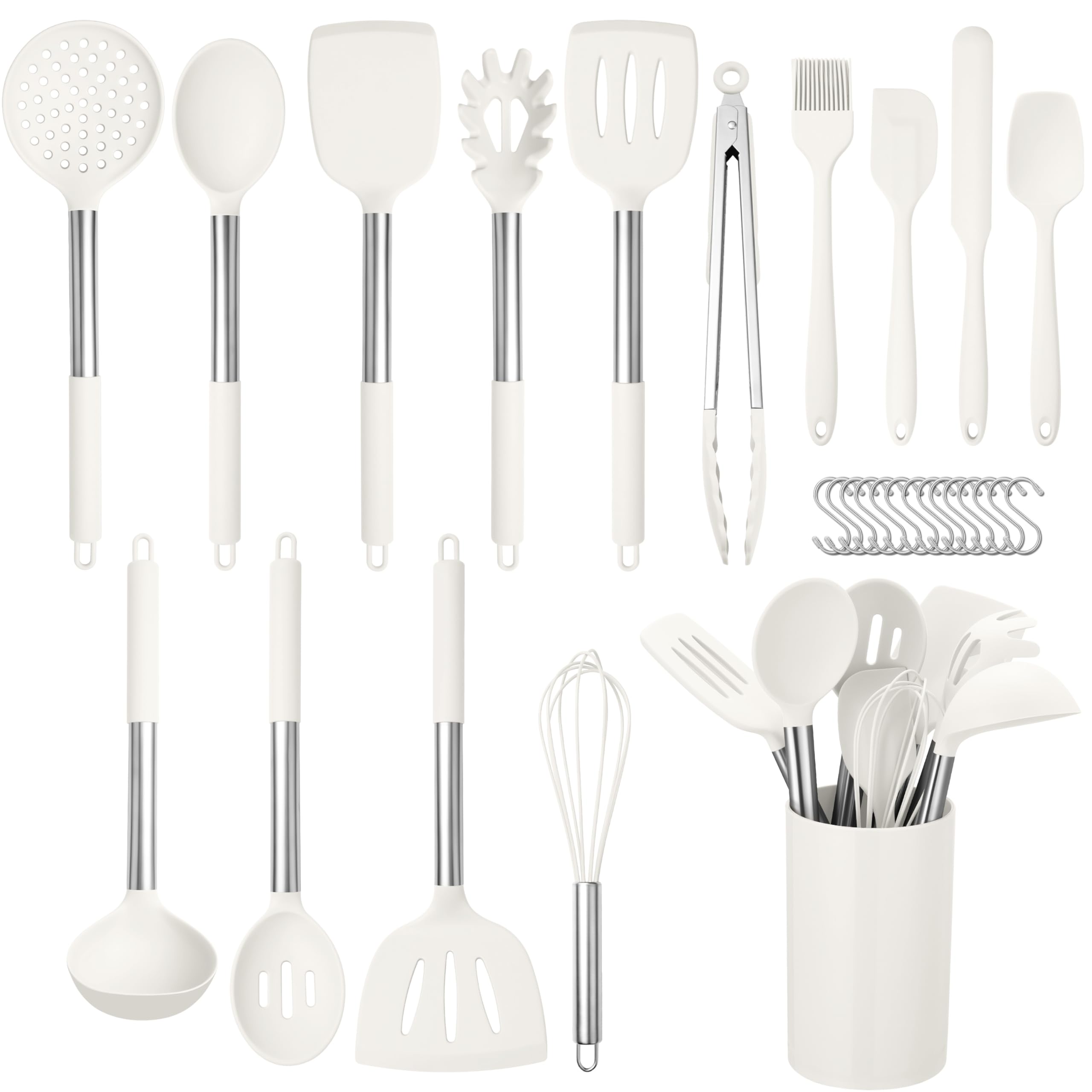 HaWare 29-teiliges Silikon-Kochutensilien-Set, hitzebeständiges Küchenutensilien-Set mit Edelstahlgriff, Pfannenwender-Sets mit Halter und Haken, Küchenhelfer für antihaftbeschichtetes Kochgeschirr