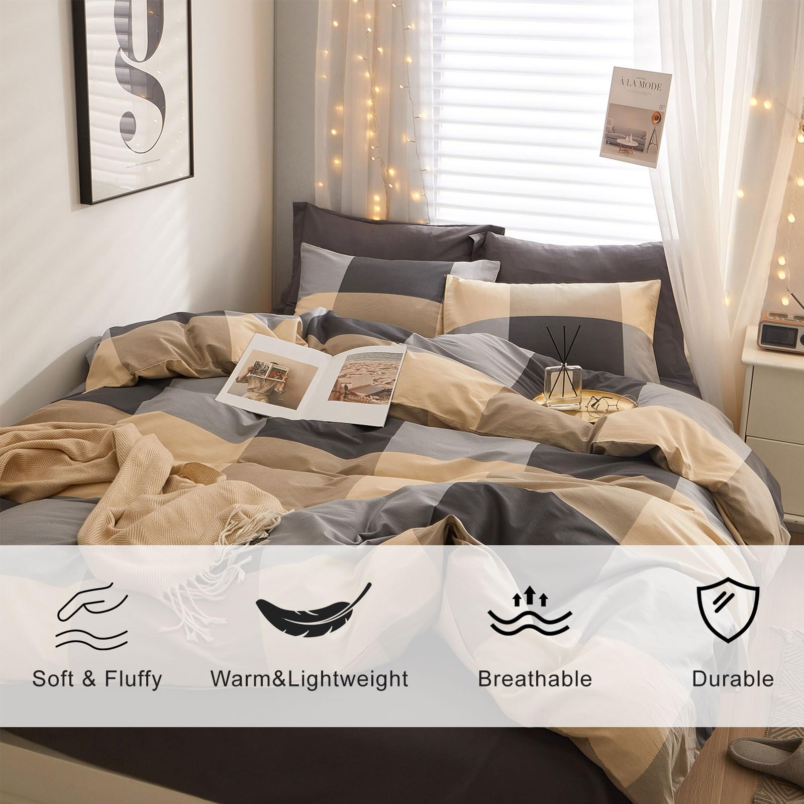 EAVD Beige Black Khaki Plaid Full Size Comforter Set Fluffy Soft Microfiber Chic Checked Plaid Bedding Set with 2 Pillowcases Modern Style Geometric Plaid Comforter Set for All-Season