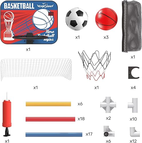 Miniatura 9 de EagleStone Juego de arcos de baloncesto para niños para interiores 53 pies de alto con portería de fútbol mini aro con marcador electrónico 4 bolas