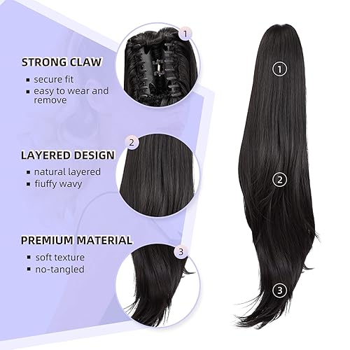 Miniatura 5 de ShulaSHOP Extensión de cola de caballo, extensiones de cabello con clip de garra de 24 pulgadas, extensiones de cabello largo y lacio, extensiones