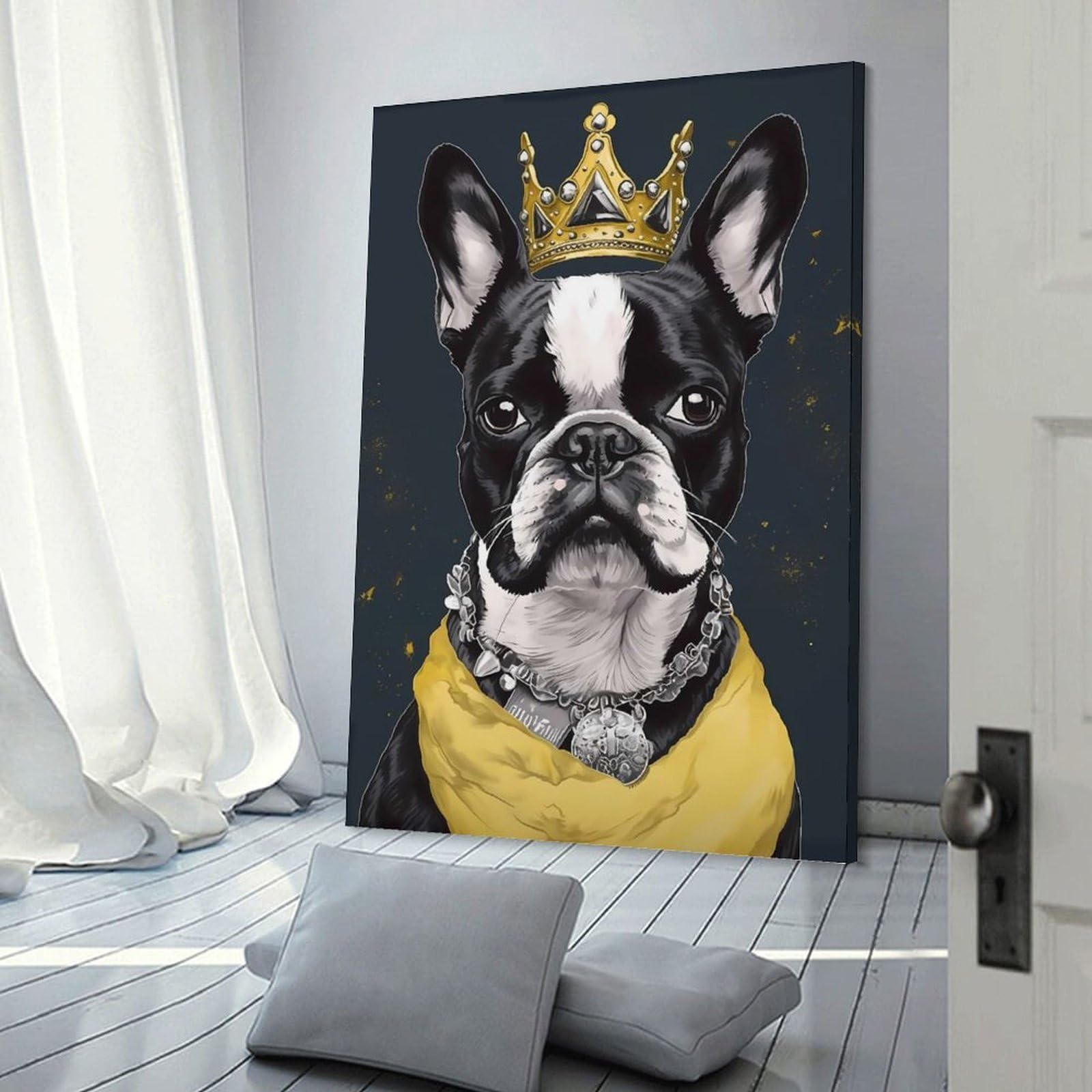 Junmoney Boston Terrier Dog Wall Decor Canvas Print, 20x30inch(50x75cm), for Home Lounge, Bedroom Or Reading Nook, Decorative Artwork for Empty Walls