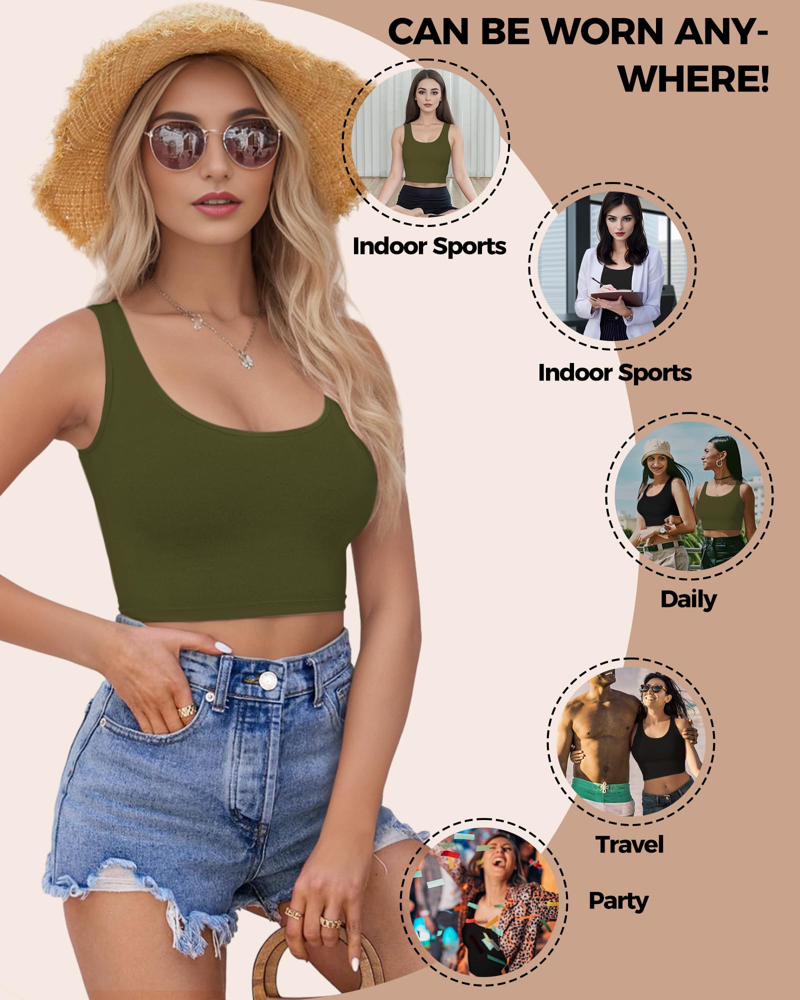 2-3 canottiere da donna, crop top senza maniche con scollo a U, crop top basic corto racerback per uscire magliette sportive atletiche, Nero e verde., XS