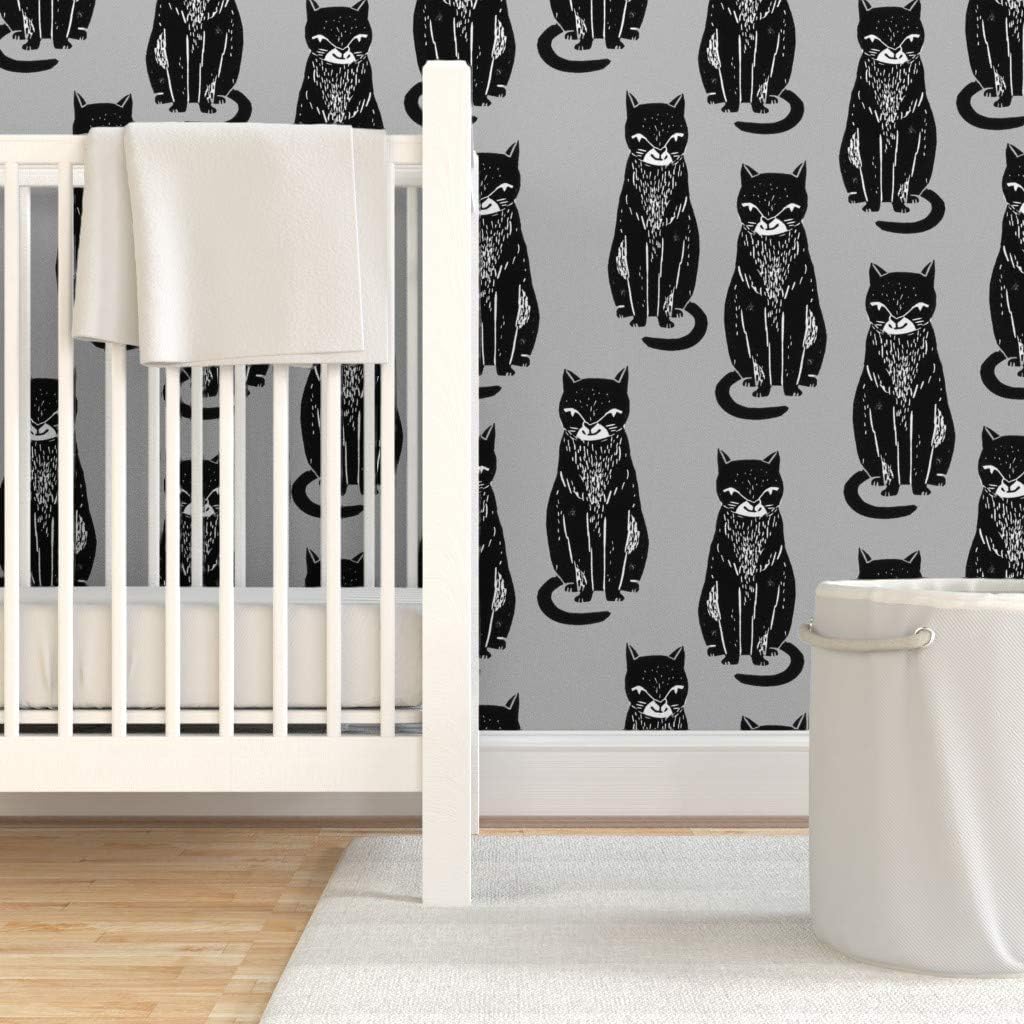 Removable Wallpaper 6ft x 2ft - Cat Grey Cats Cute Block Print Halloween Black Custom Pre-Pasted Wallpaper by Spoonflower