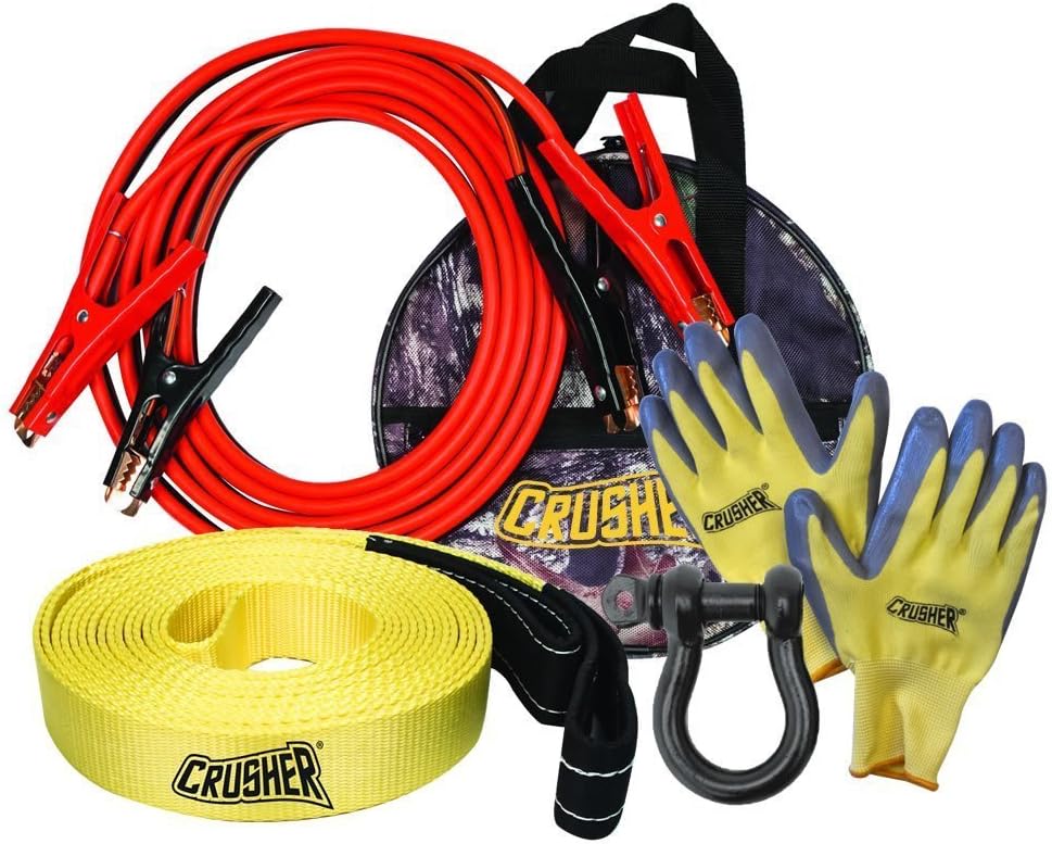Crusher Emergency Recovery 16 Ft. Booster Jumper Cables 6 Ga, 30' Tow Rope Strap, D-ring, Gloves, Black Storage Bag