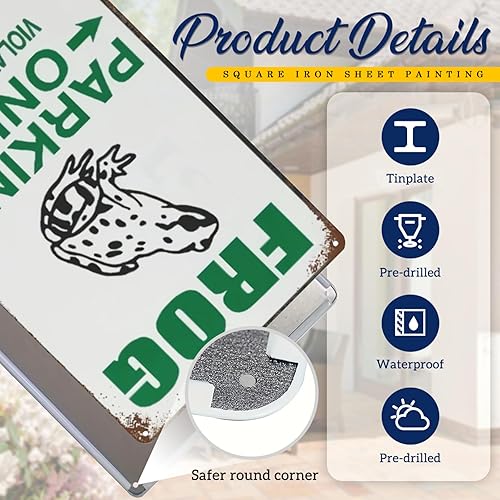 Miniatura 5 de Cartel de metal retro de rana de 8 x 12 pulgadas, divertido letrero de estacionamiento con texto en inglés "Violators Will Be Toad", decoración de