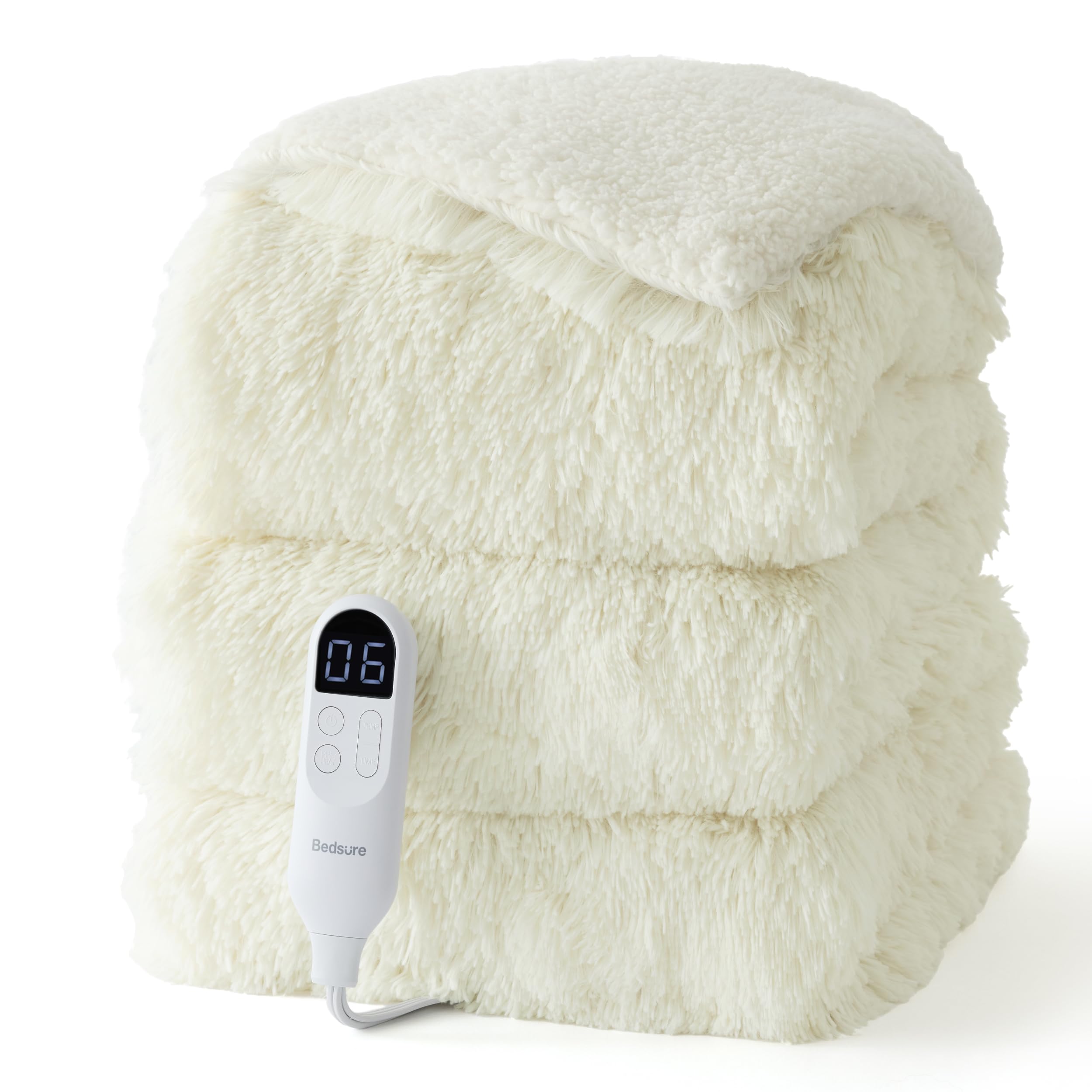 Bedsure Faux Fur Heated Blanket Twin Size, Long-Pile Electric Blanket, Grey