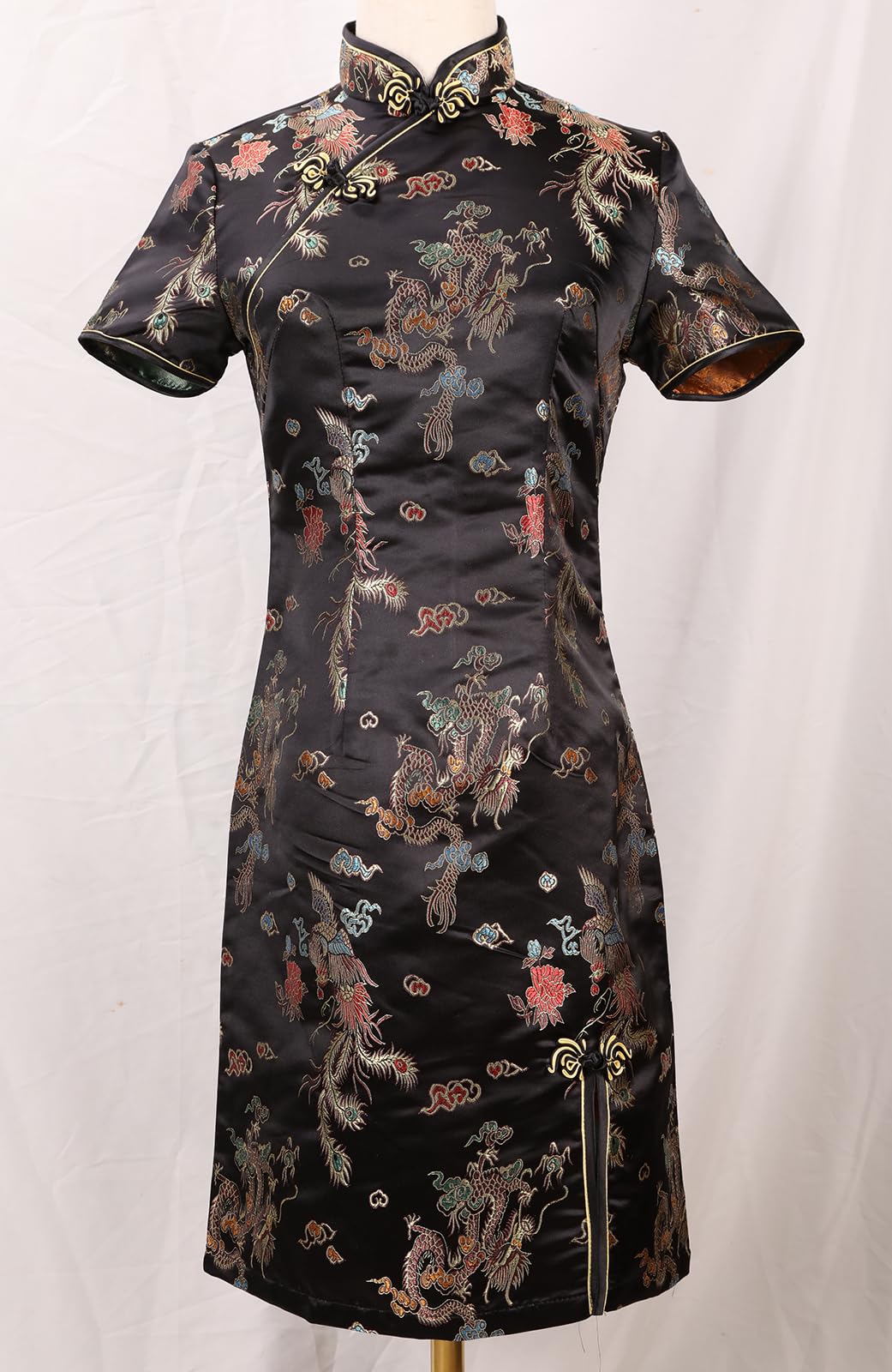Abito da donna Cheongsam aderente collo alla coreana manica corta slim fit spacco laterale stampa floreale drago mini Qipao
