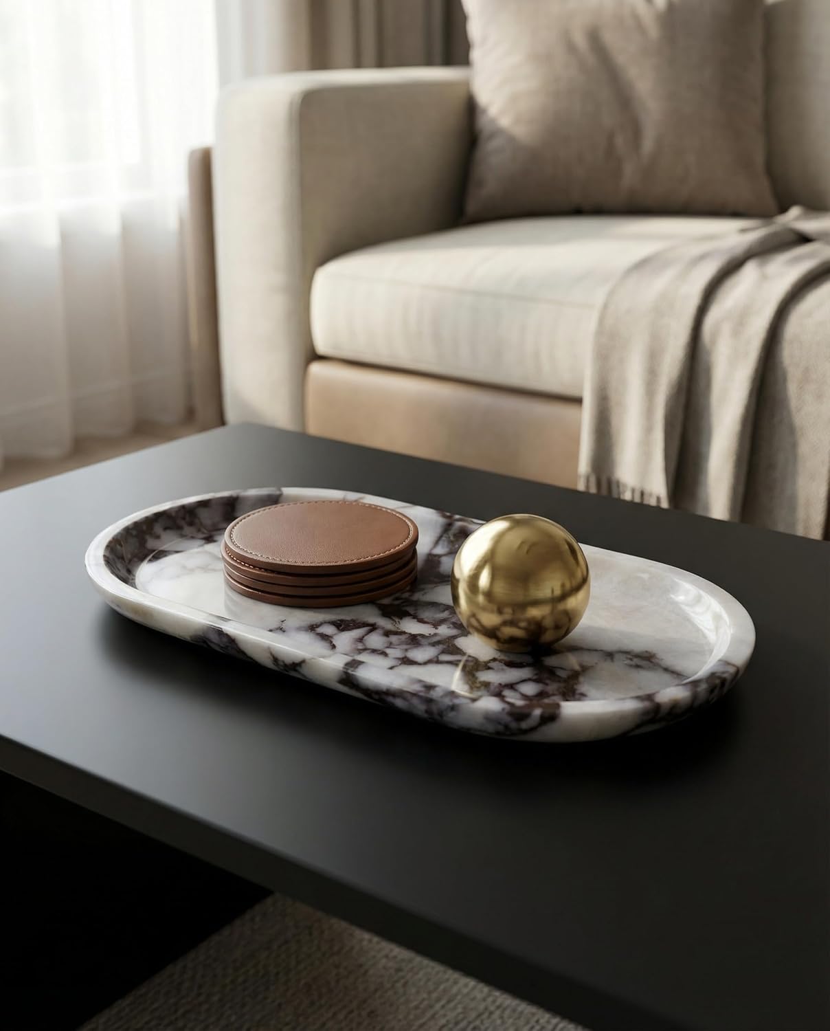 OOBOOB Natural Calacatta Viola Violet Marble Tray, Bathroom Tray, Perfume Organizer, Oval Countertop Tray for Home Decor Enthusiasts