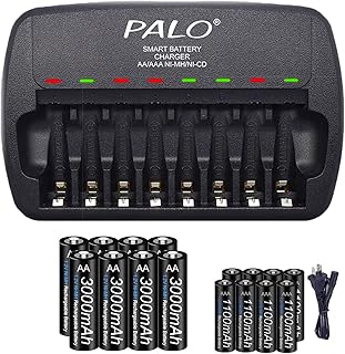 Rechargeable AA and AAA Batteries with Charger, 8 Pack aa with 8 Pack AAA 1.2V Low Self Discharge Ni-MH Batteries with Smart 8 Bay Independent Fast Battery Charger (AA+AAA)