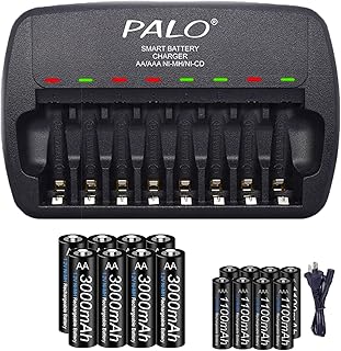 Palowextra - Baterías recargables AA y AAA con cargador, paquete de 8 pilas AA de 3000 mAh con 8 pilas AAA de 1100 mAh de baja autodescarga Ni-MH con cargador de batería inteligente no empotrado de 8