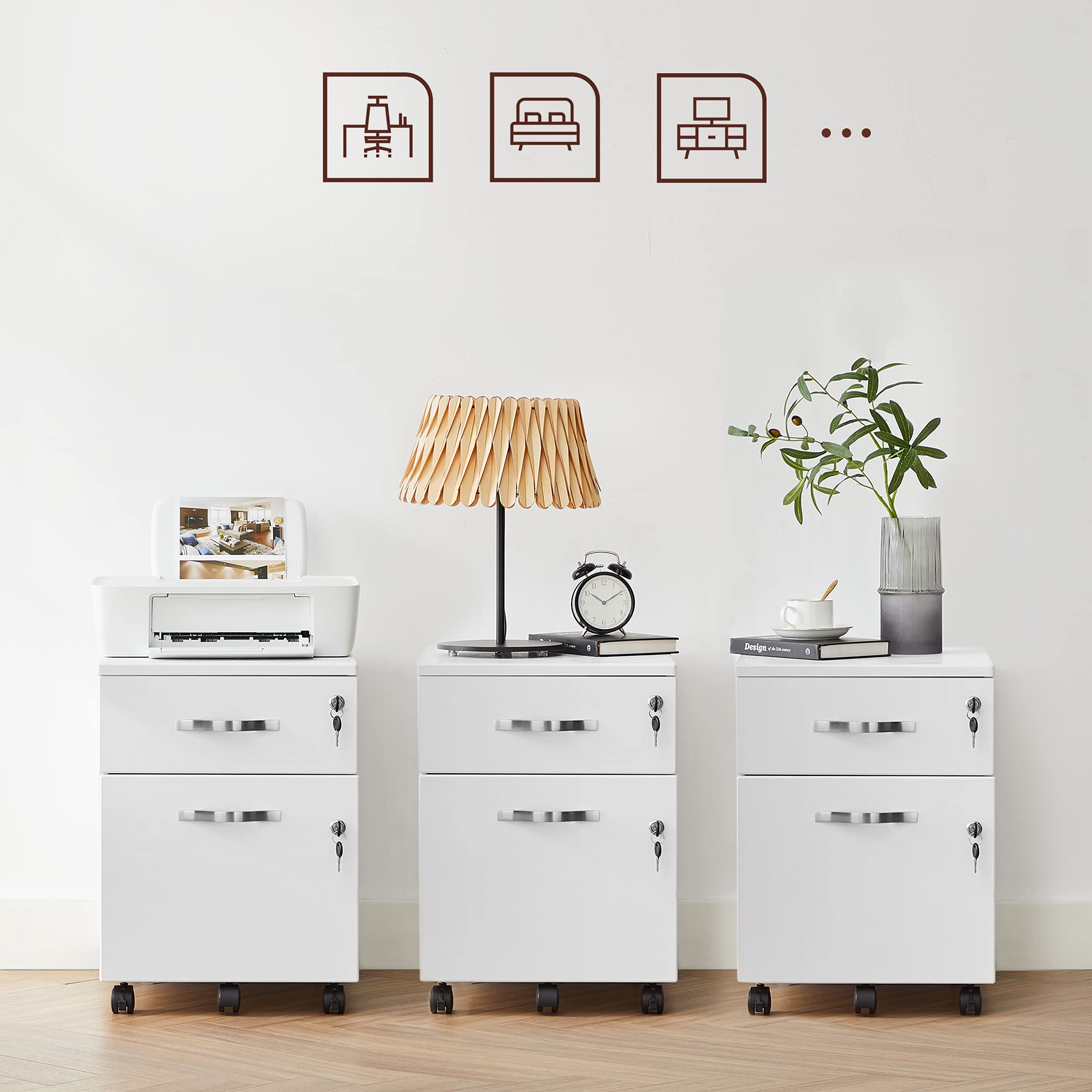 VASAGLE Lockable File Filing Pedestal with 2 Drawers, 5 Wheels