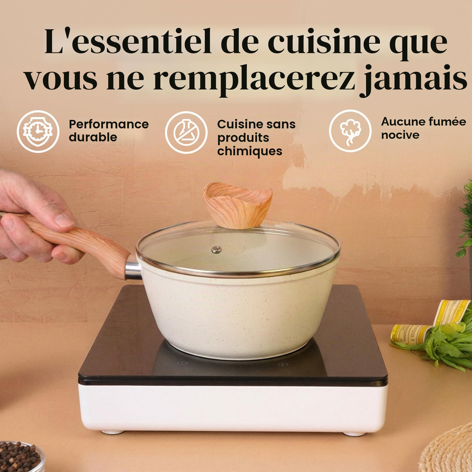 Nuovva Set de Casseroles Antiadhésives – Casserole à Induction avec Couvercle – Set de 3 Casseroles en Granit Crème – 16 cm, 18 cm, 20 cm – Par Nuovva.