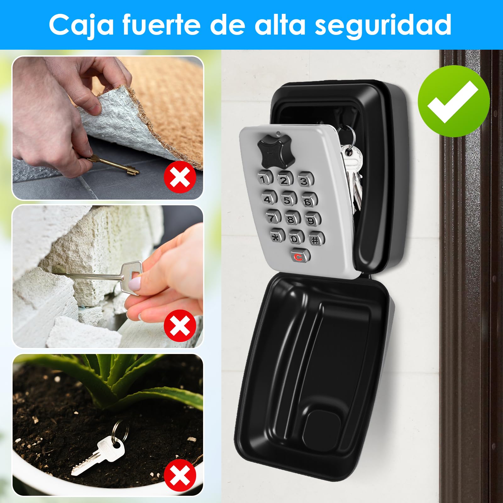 Cajetin para Llaves con Código 12 Dígitos, Caja Fuerte Exterior Grande para Pared, Ultra Resistente e Impermeable, Seguro para Llaves de Hogar, Oficina, Garaje o Escuela