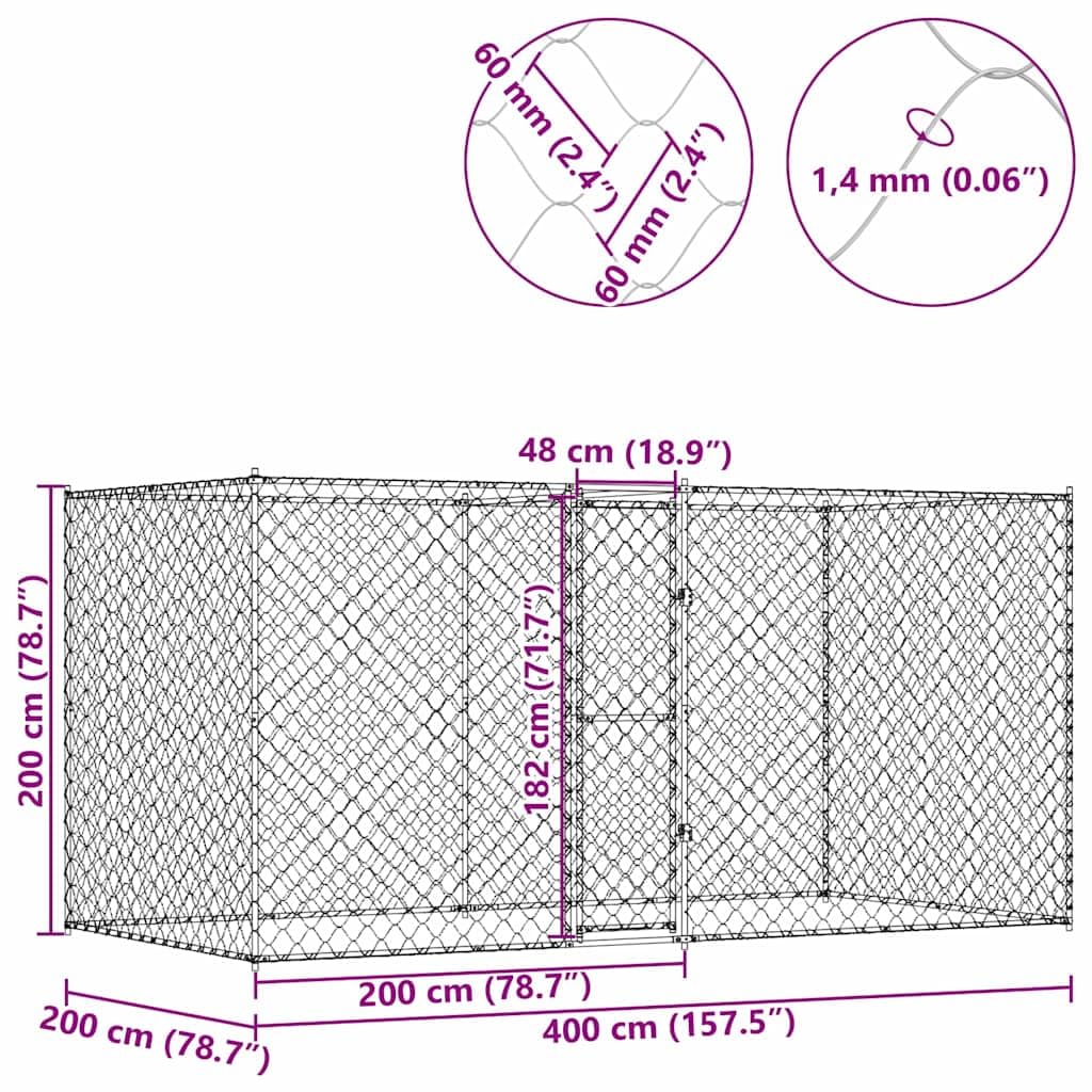 vidaXL Jaula para Perro Plateado 400 x 200 x 200 cm Acero Galvanizado, Jaula rústica para Perros, Gran Espacio Exterior, Refugio Seguro, Ideal para Razas Grandes, cómoda y Duradera