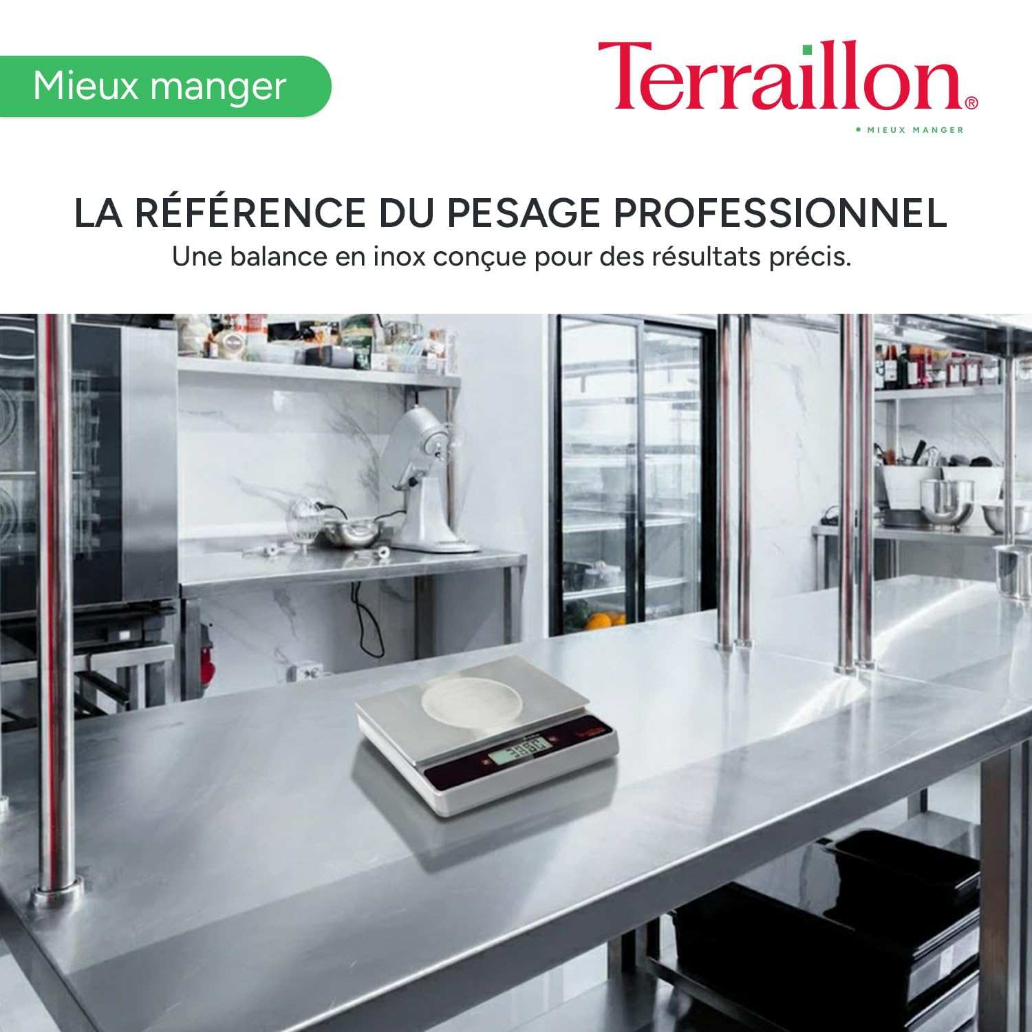 TERRAILLON - PRO 15 - Balance de cuisine électronique professionnelle, Large plateau Inox 29 x 18 cm, capacité 15 kg, graduation 5 g, norme IP54, Ecran LCD, Touches mécanique - Inox