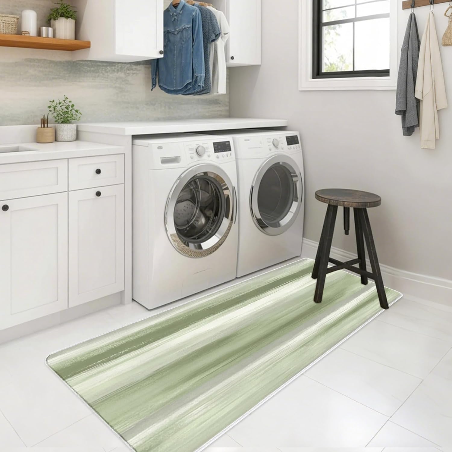 Sage Green Grey Abstract Kitchen Mats Set of 2 Mottled Oil Painting Texture Modern Non Slip Mat Washable Floor Rug for Kitchen Sink Floor Laundry, 20"x24"+20"x48"
