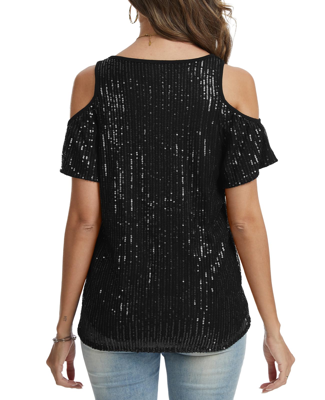 Top scintillante da donna a maniche corte con paillettes, top con scollo a V, spalle scoperte, tunica glitterata, camicie da sera per feste e uscite