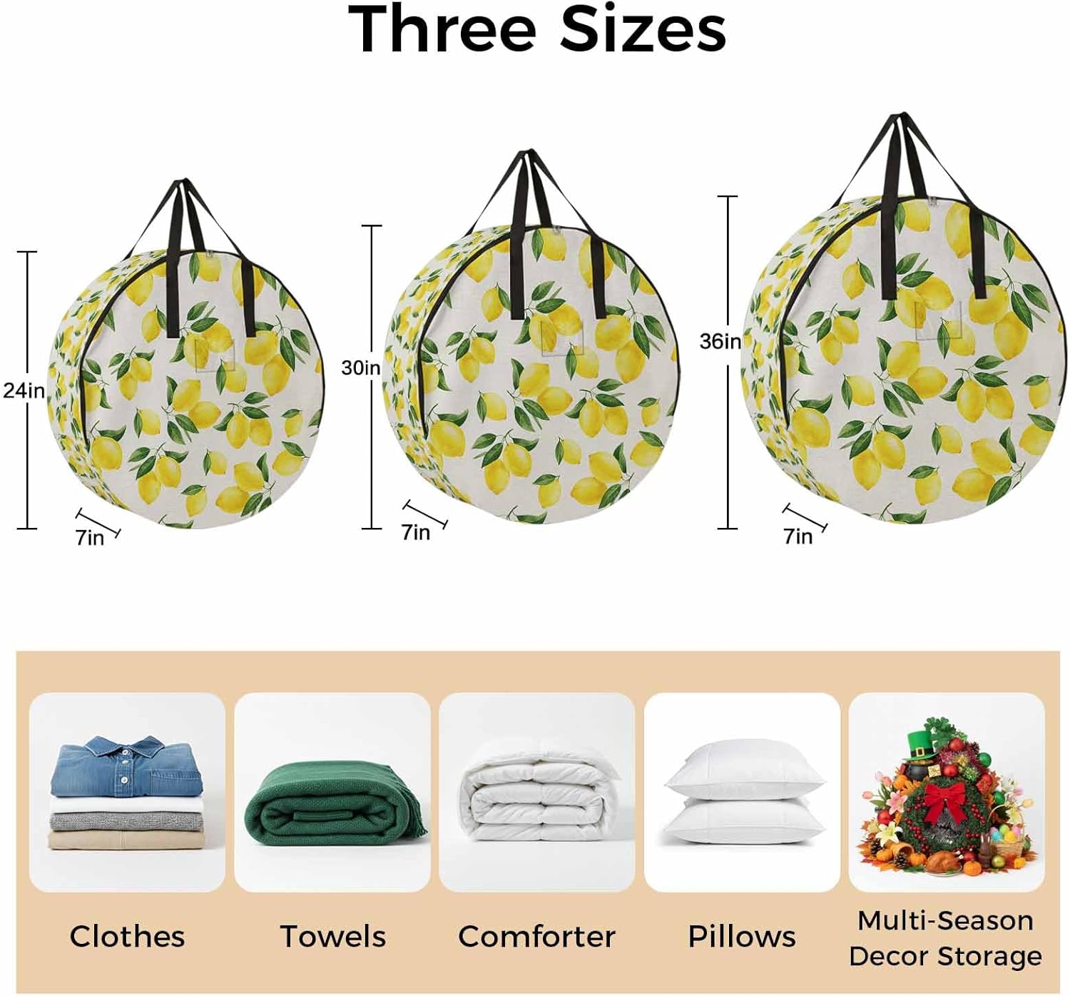 Storage Bag Yellow Lemon Round Storage Totes Bins Closet Organizers with Zippers & Handle Summer Fruit Linen Clothes Storage Container for Bedroom Dorm Space Saving Packing Supplies Moving Bags