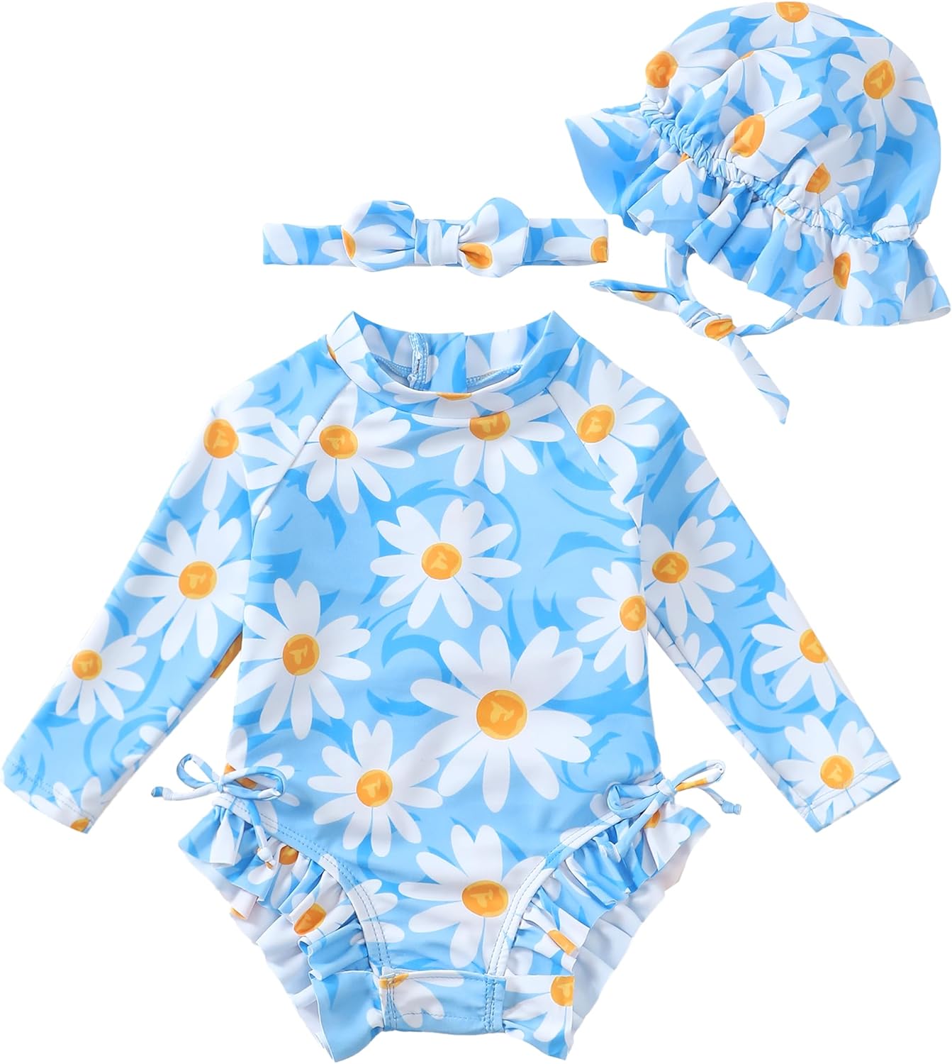 Renotemy Baby Girls Swimsuit Drawstring Zip Bathing Suit Long Sleeve One-Piece Rash Guard Swimwear with Hat for Infant Girl